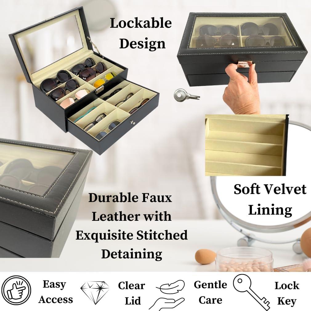 Estuche organizador de gafas Evelots - 12 compartimentos - Cuero vegano