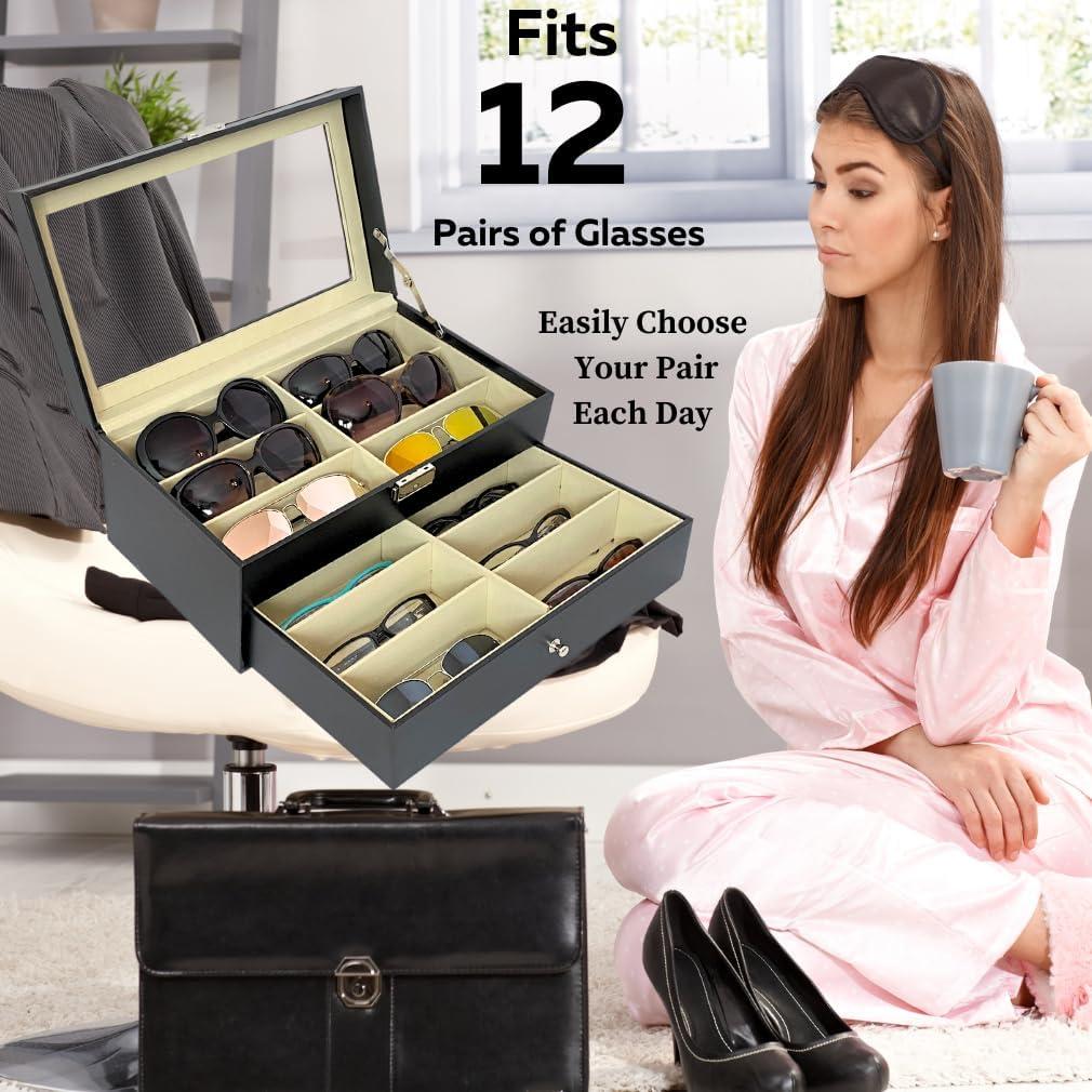 Estuche organizador de gafas Evelots - 12 compartimentos - Cuero vegano