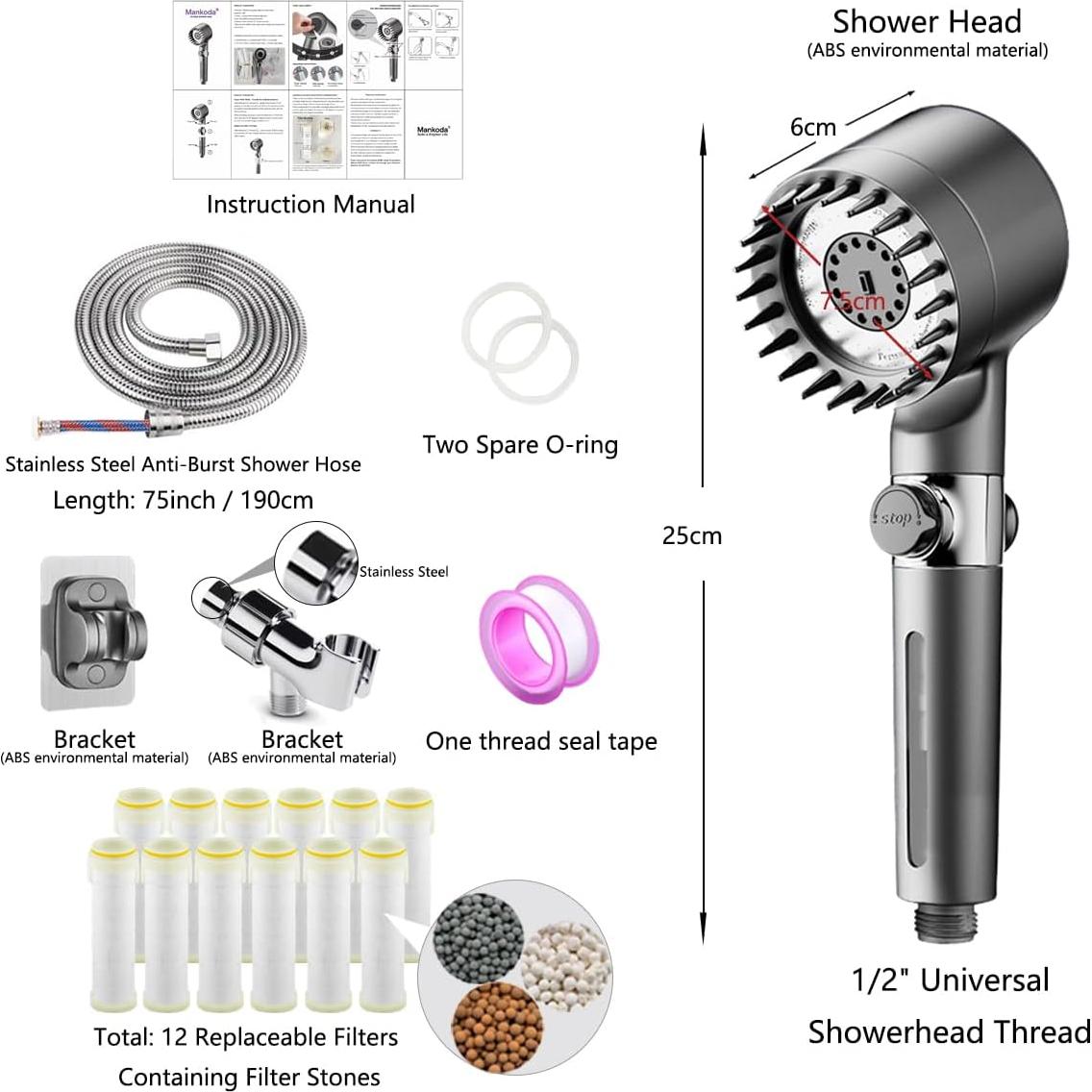 Cabezal de Ducha Filtrado Mankoda con 3 Modos y 12 Filtros