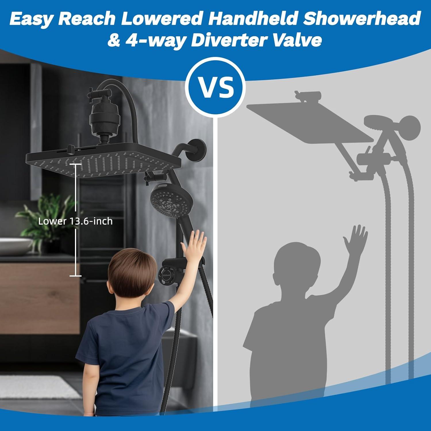 Cabezal de Ducha Filtrada Hibbent 33 cm con 10 Modos y Brazo