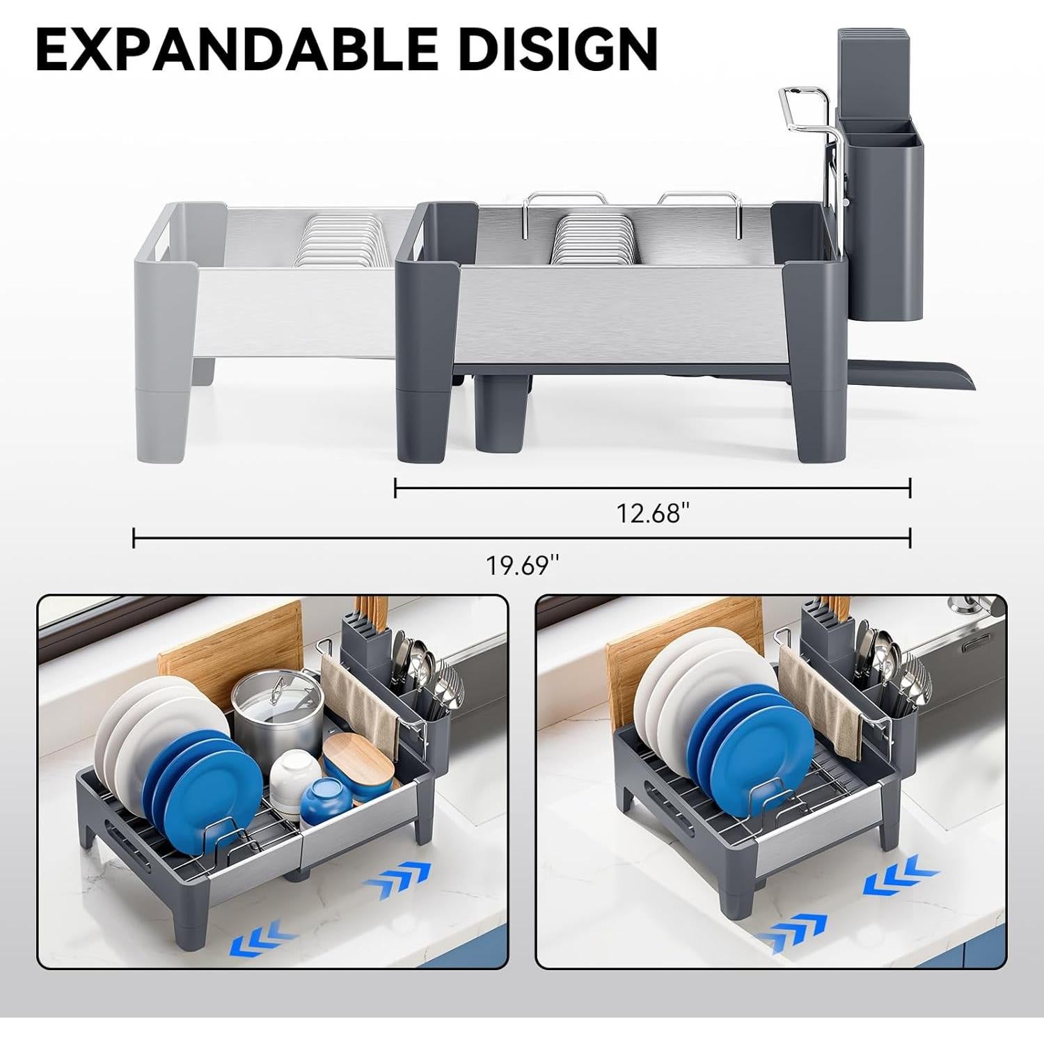 Escurridor de Platos Expandible Urackify Acero Inoxidable Gris