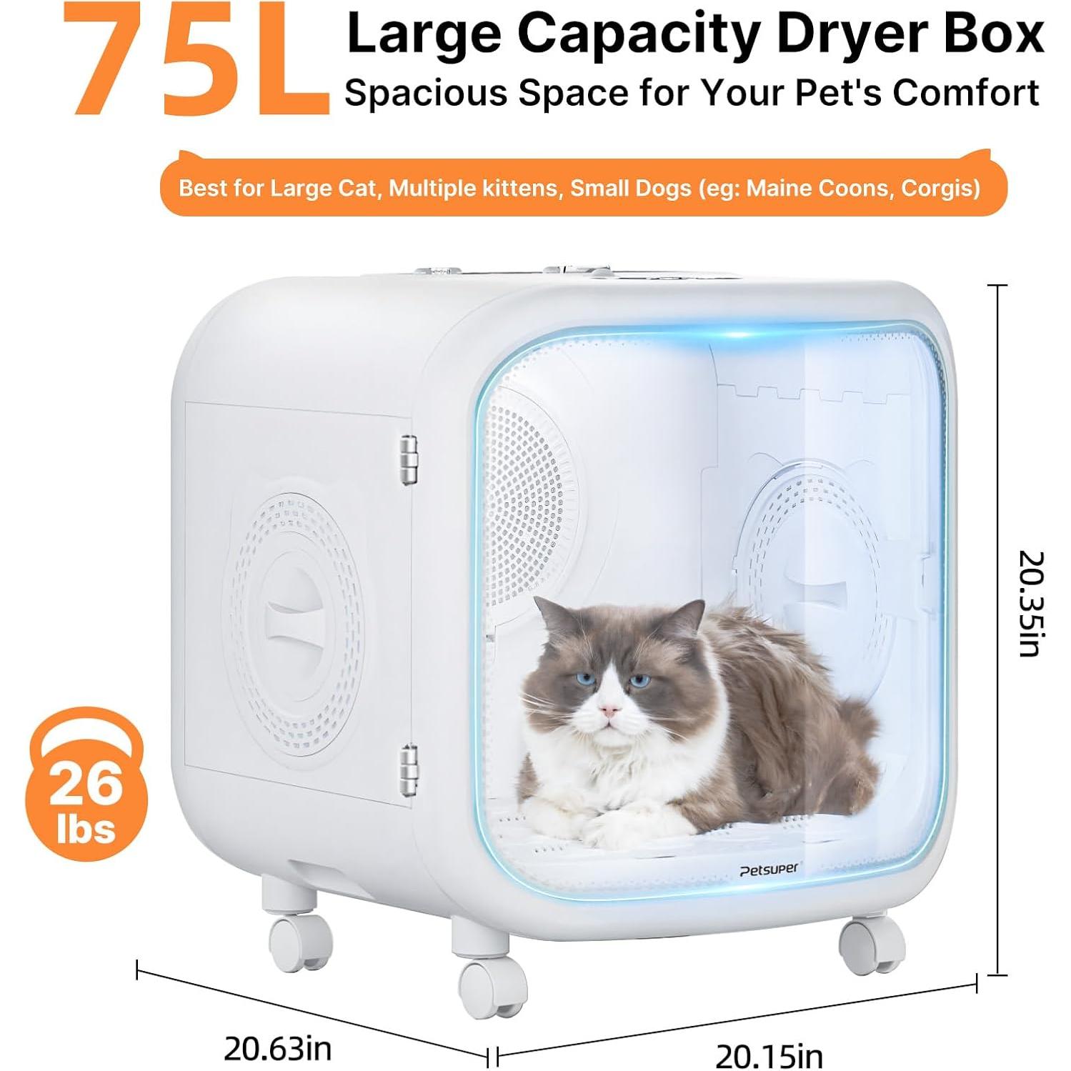 Caja de Secado Automática para Mascotas Petsuper 75L - Silenciosa y Controlada por App