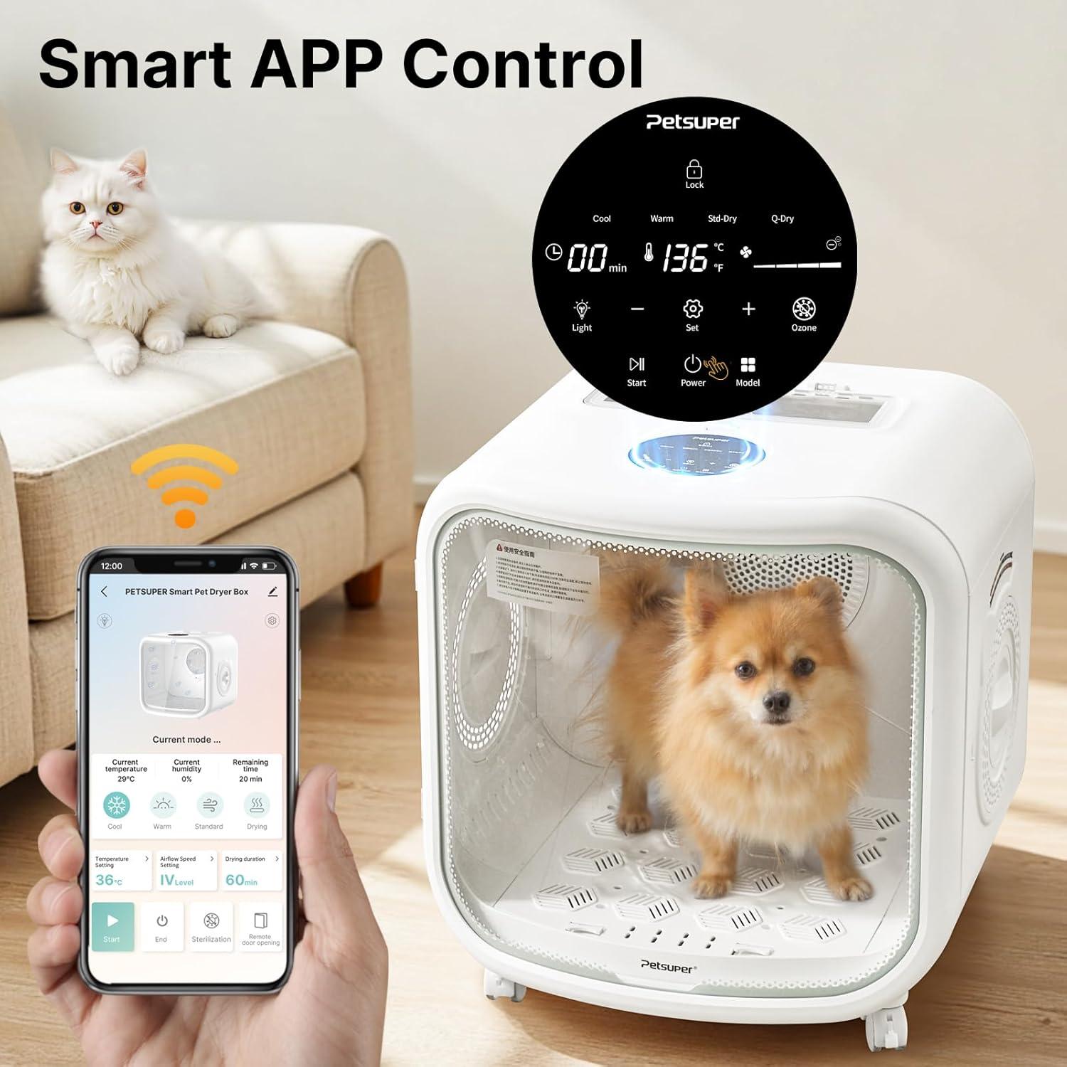 Caja de Secado Automática para Mascotas Petsuper 75L - Silenciosa y Controlada por App