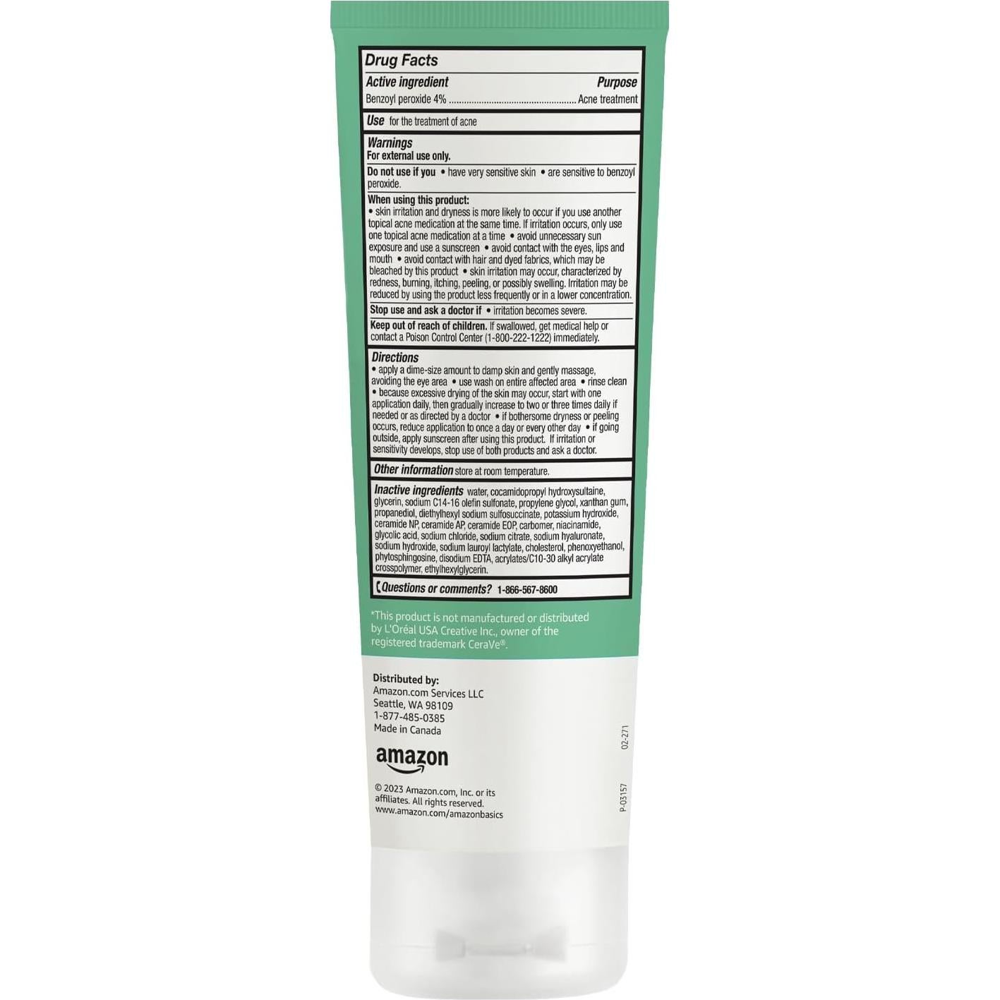 Limpiador de Crema para Acné Amazon Basics 148ml 4% Peróxido