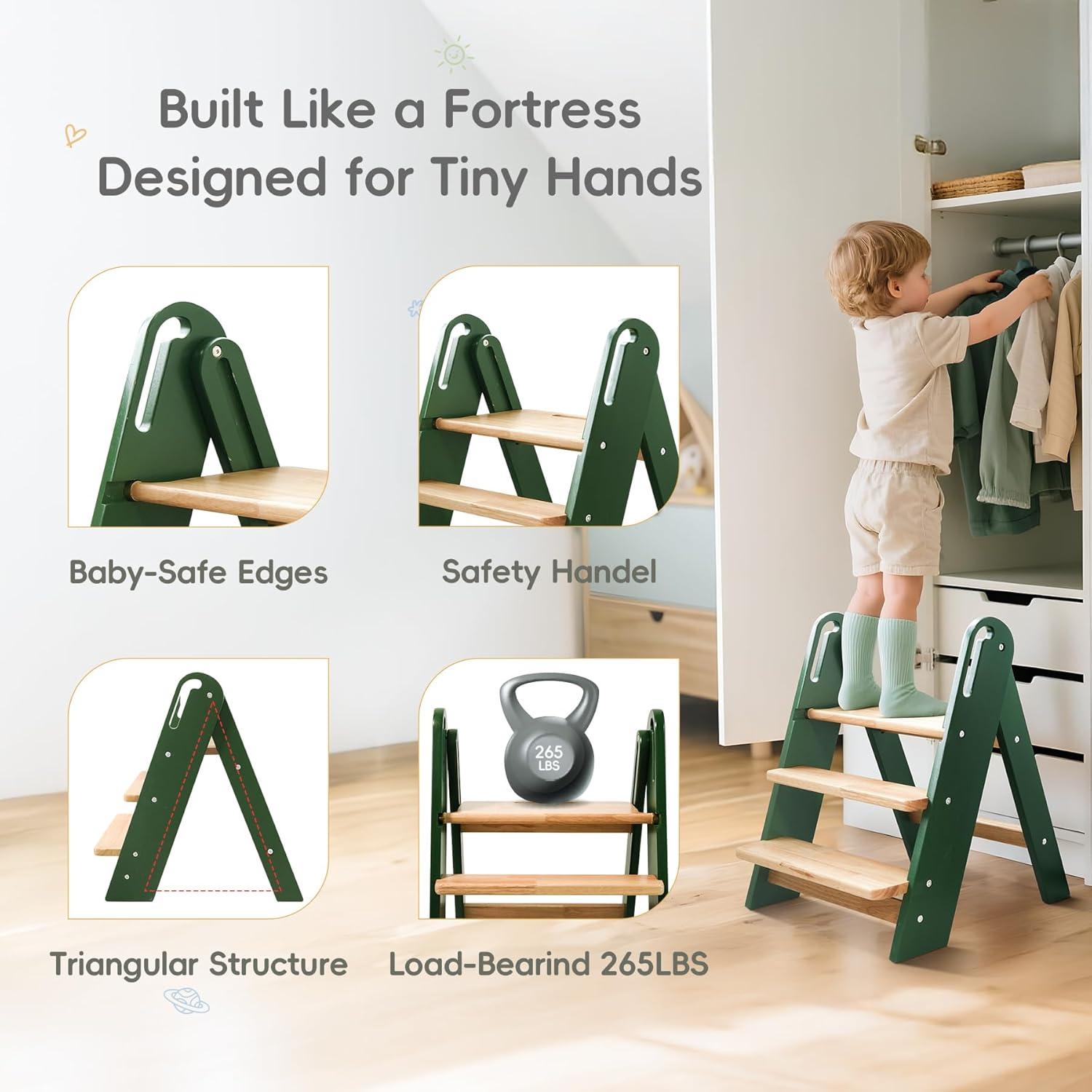 Escalera Plegable de 3 Pasos Suihuooo para Niños Verde