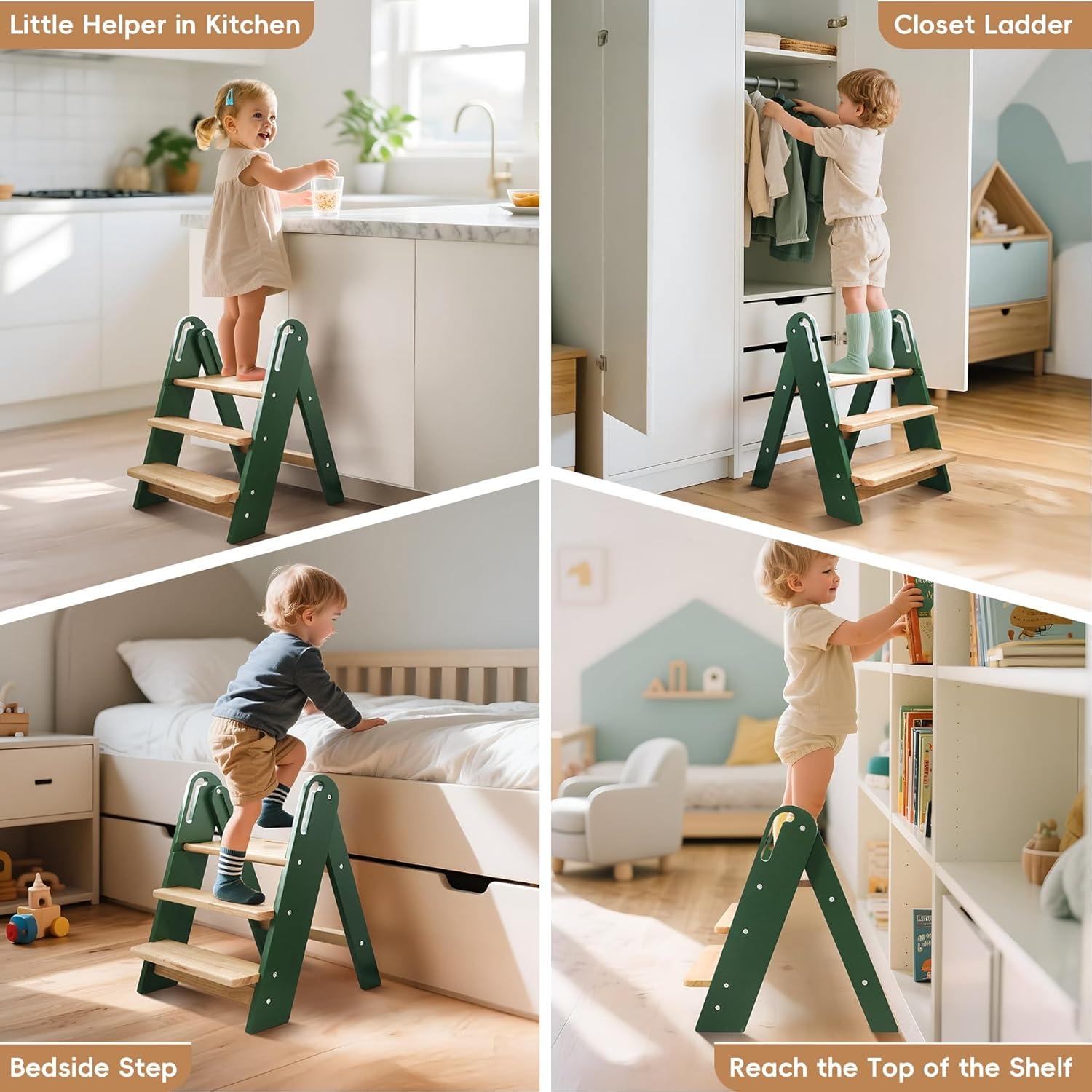 Escalera Plegable de 3 Pasos Suihuooo para Niños Verde