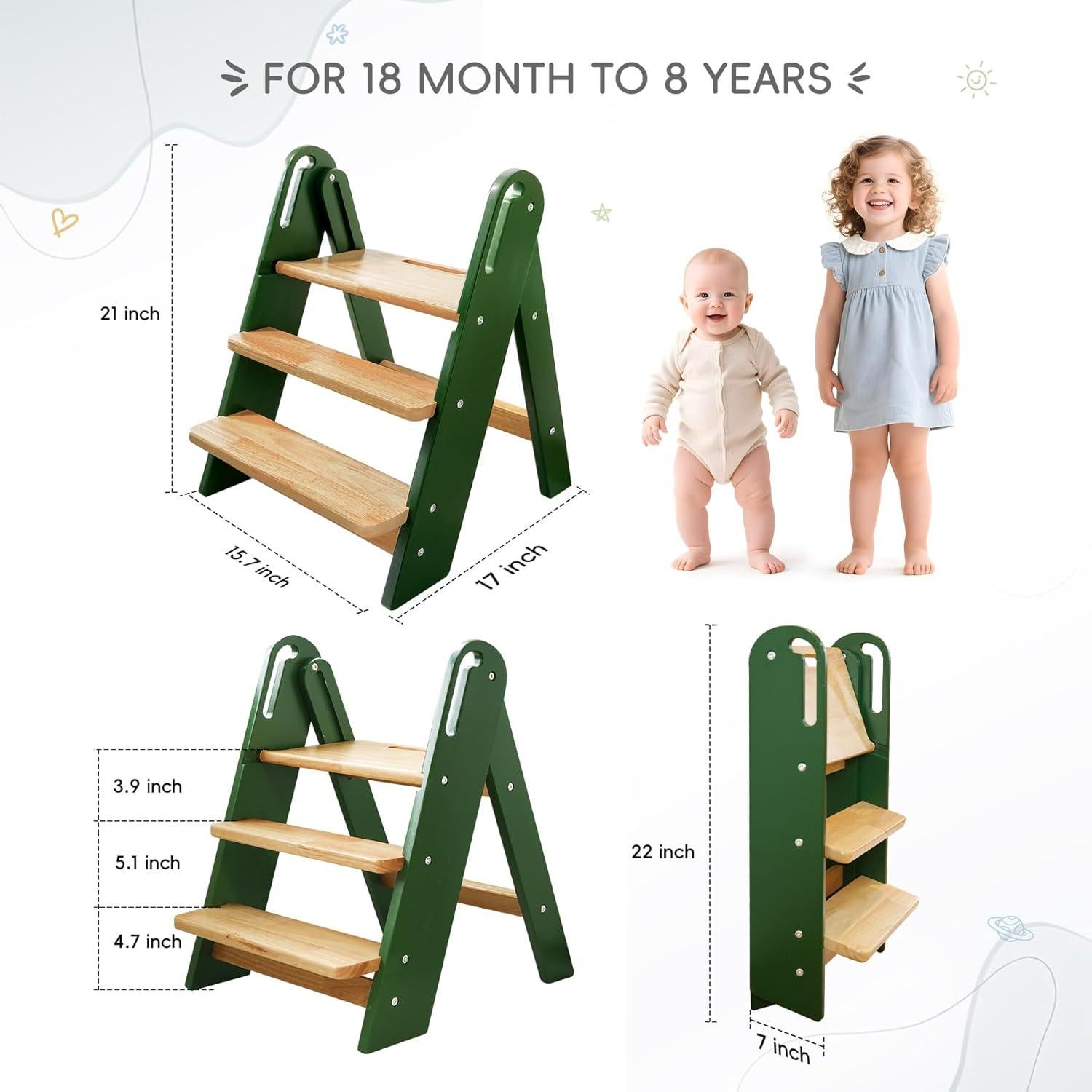 Escalera Plegable de 3 Pasos Suihuooo para Niños Verde