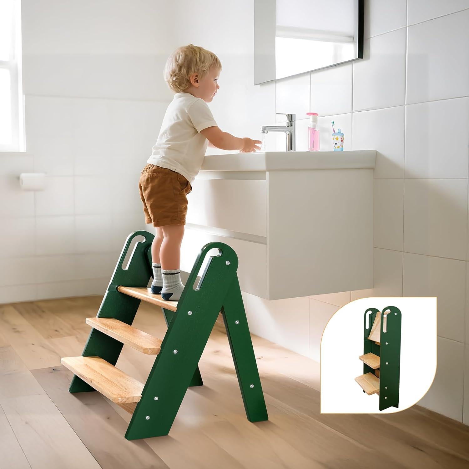 Escalera Plegable de 3 Pasos Suihuooo para Niños Verde