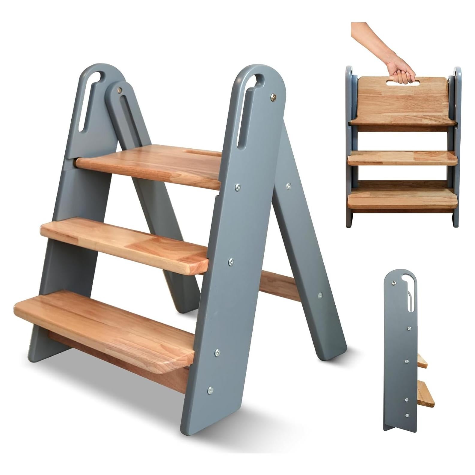 Escalera Plegable de 3 Pasos Suihuooo para Niños - Gris