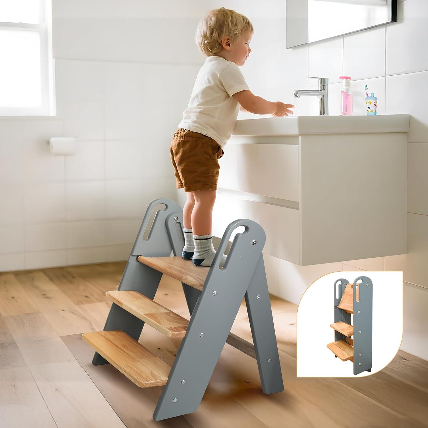 Escalera Plegable de 3 Pasos Suihuooo para Niños - Gris