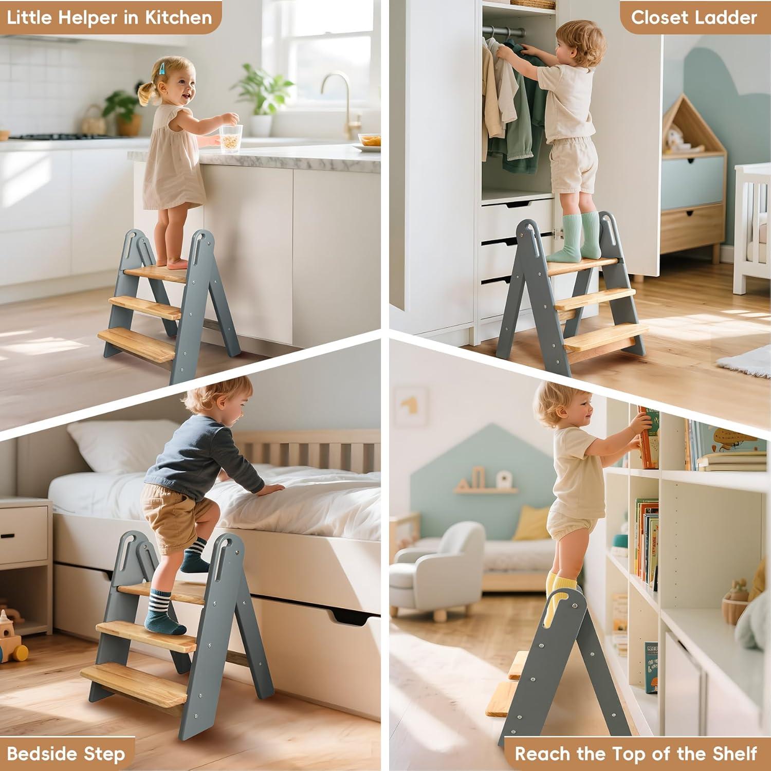 Escalera Plegable de 3 Pasos Suihuooo para Niños - Gris