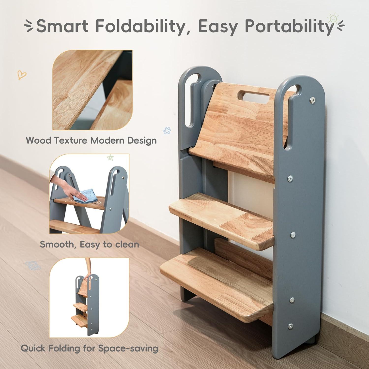 Escalera Plegable de 3 Pasos Suihuooo para Niños - Gris