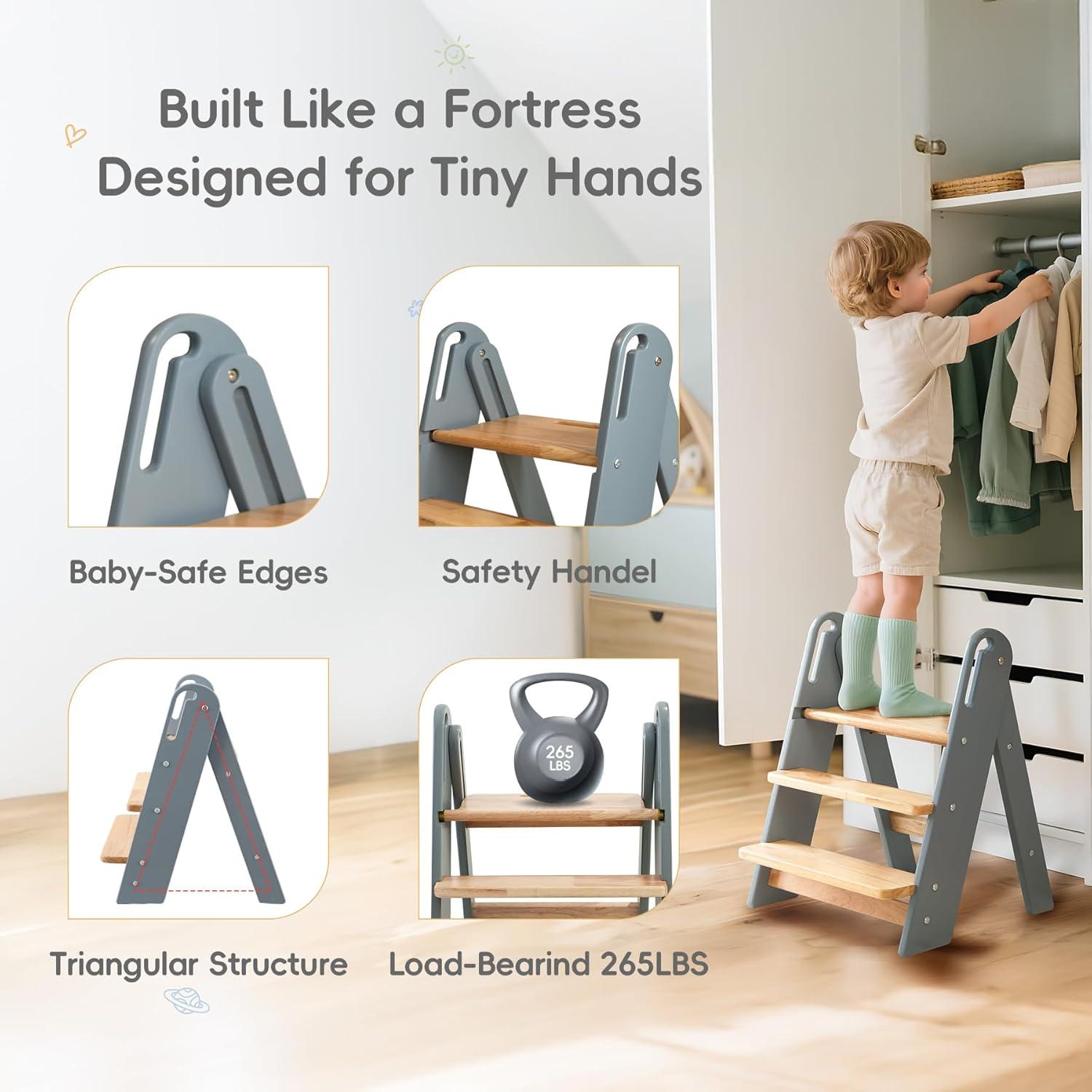 Escalera Plegable de 3 Pasos Suihuooo para Niños - Gris