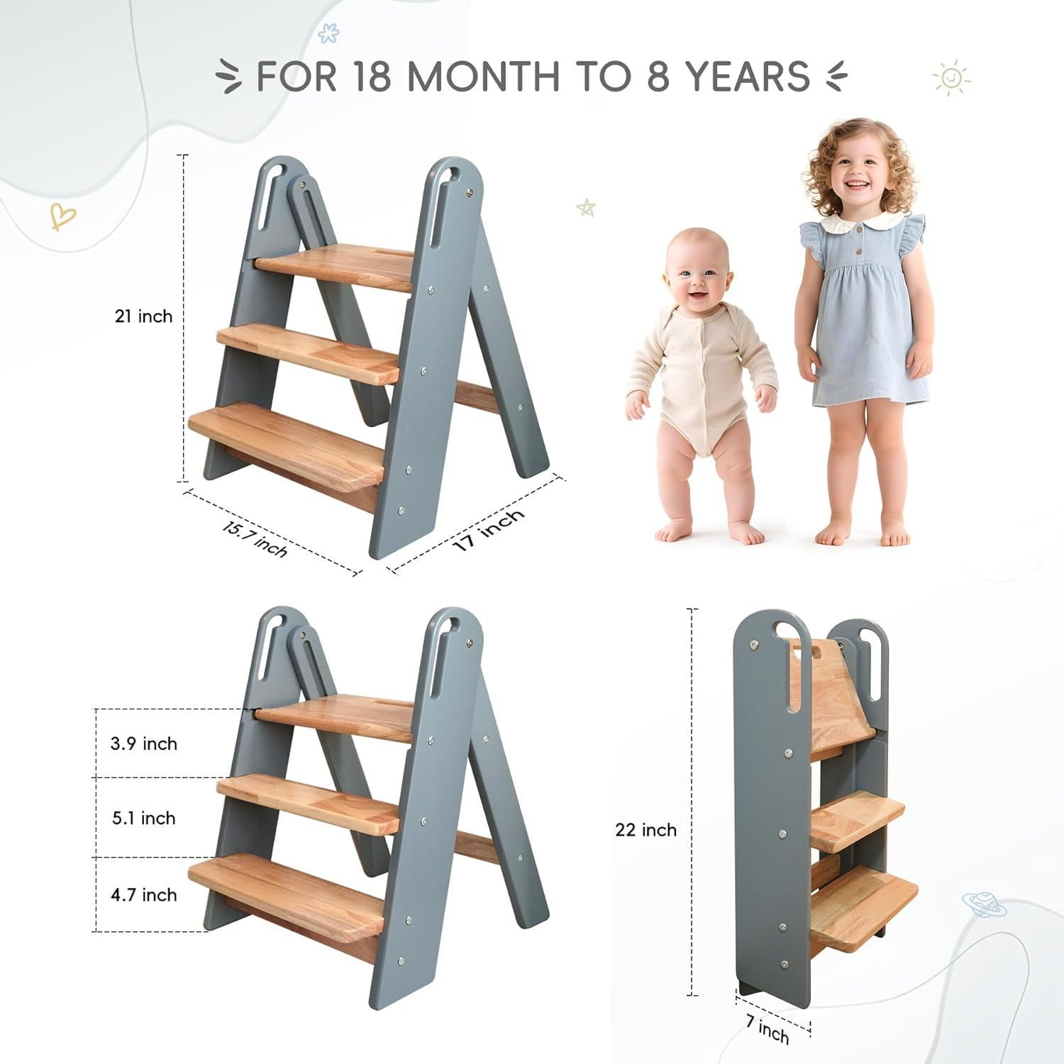 Escalera Plegable de 3 Pasos Suihuooo para Niños - Gris
