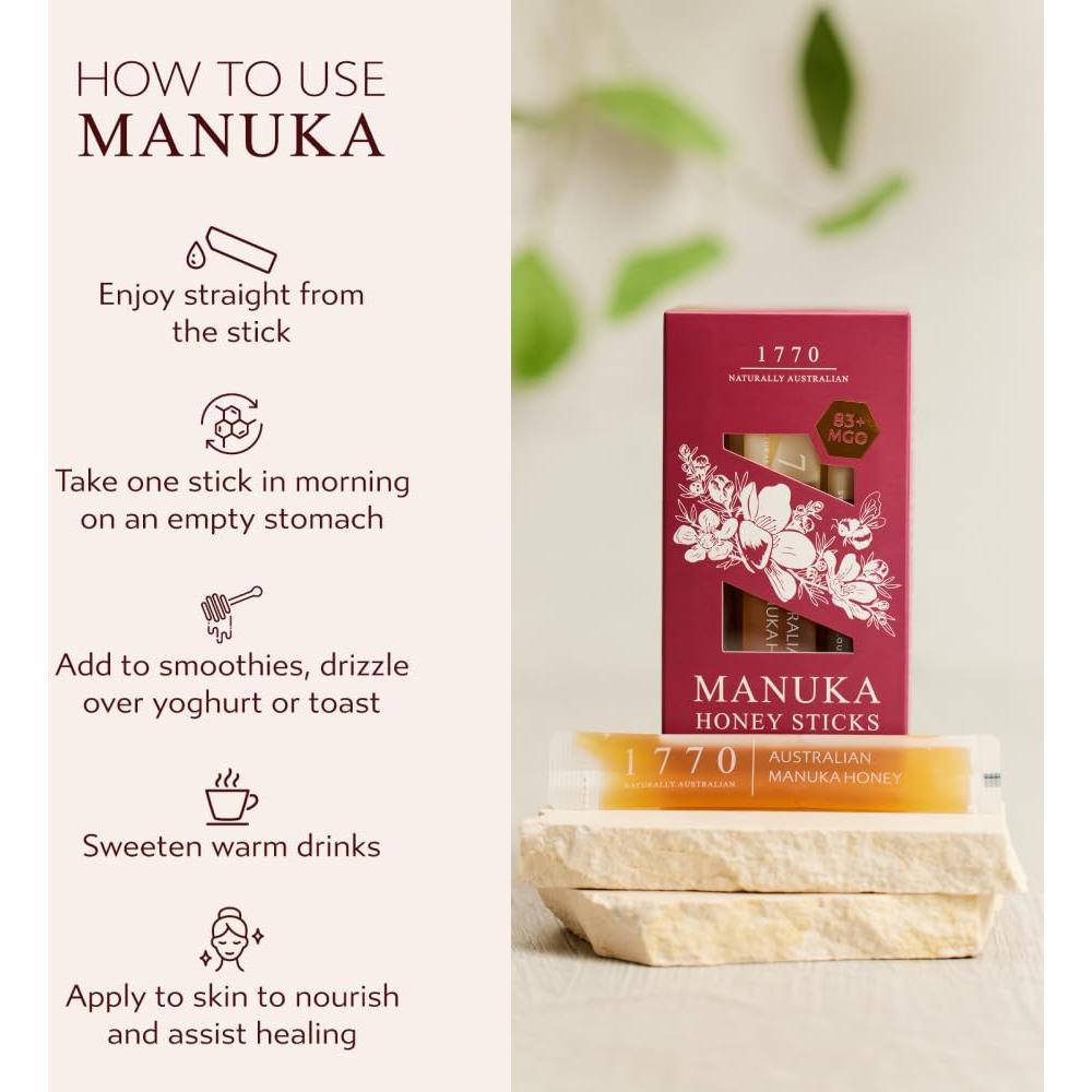 Miel de Manuka 1770 Australiana Natural MGO 83+ 30 Palitos