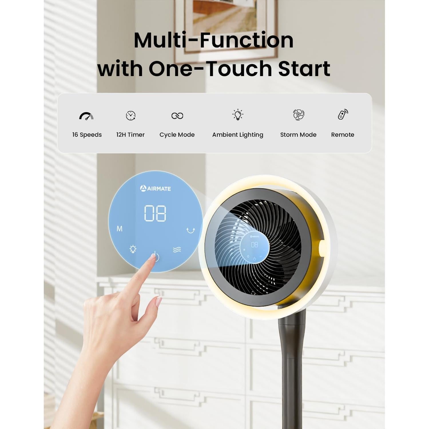 Ventilador de Pie AIRMATE FB20187R Oscilante con Luz LED 16 Velocidades