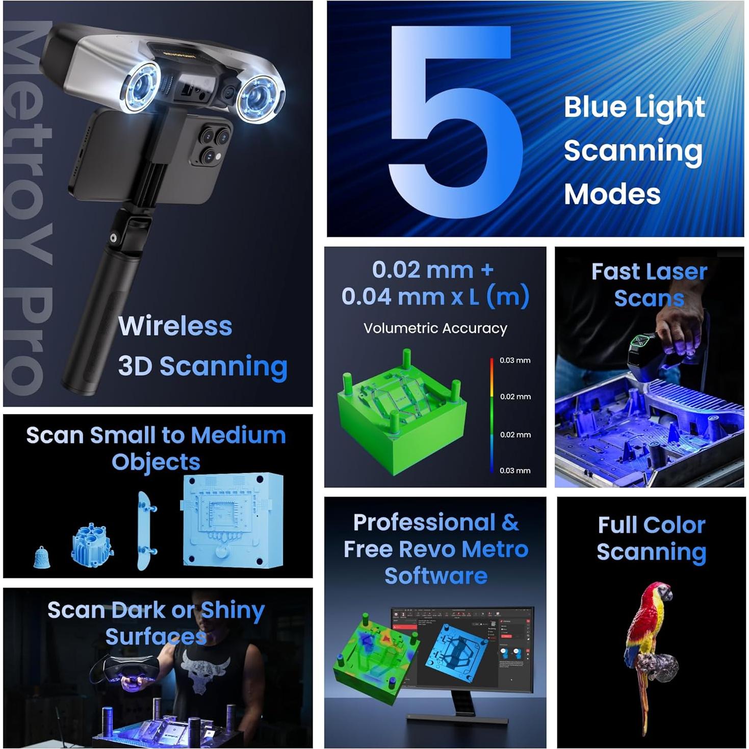 Escáner 3D Revopoint MetroY Pro, 0.01mm precisión, Wi-Fi 6