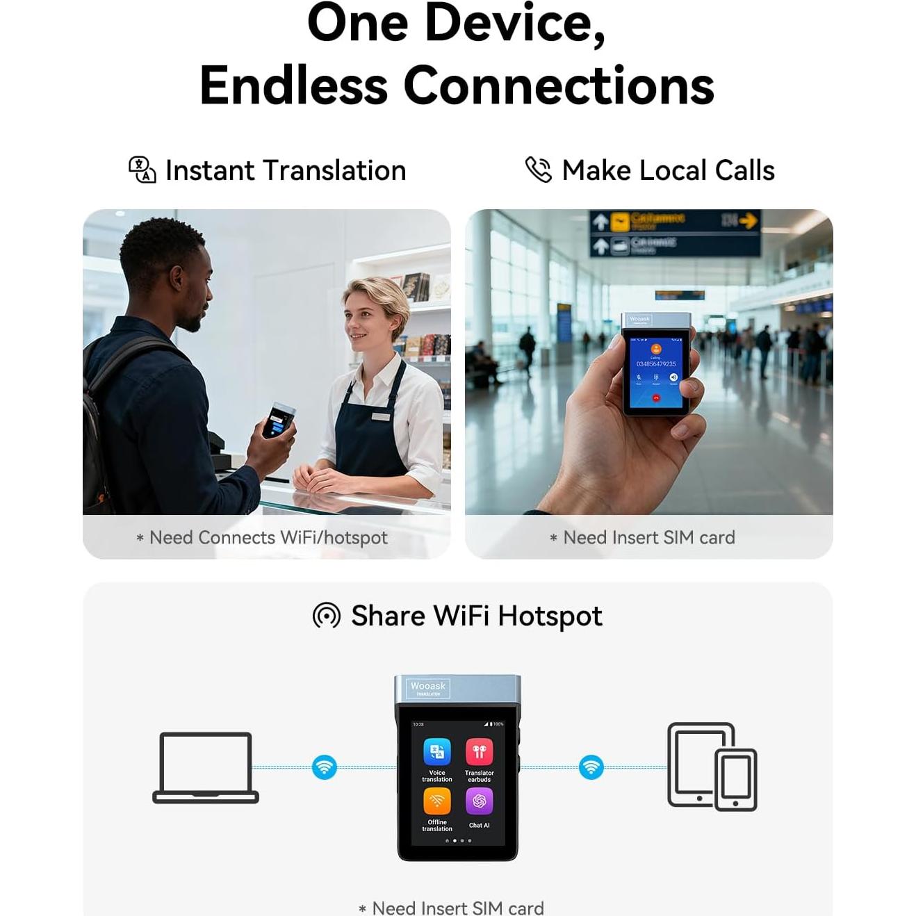 Auriculares de Traducción Wooask A9 4G+WiFi Negro 144 Idiomas