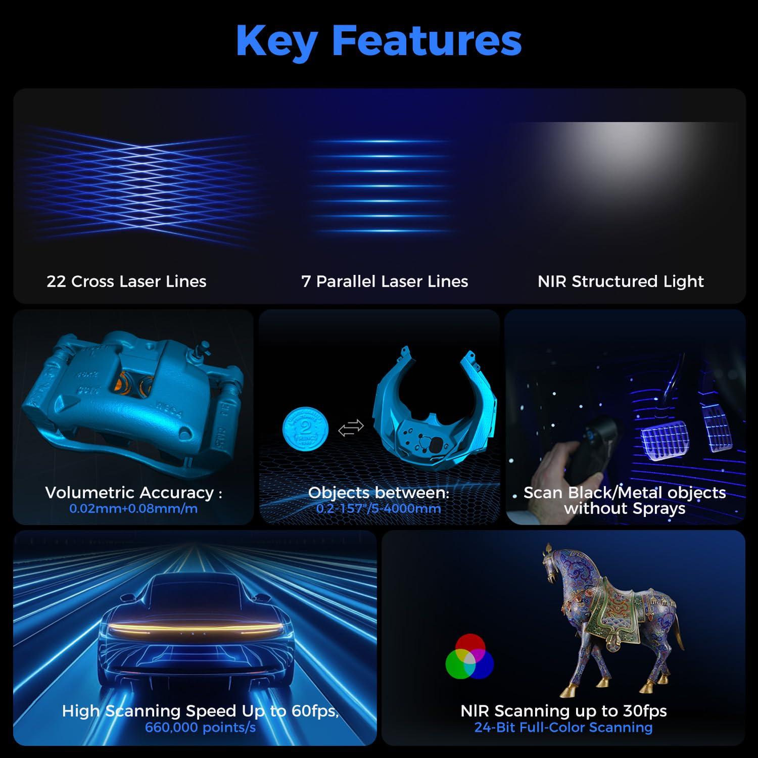 Escáner 3D Creality Raptor Pro 0.02mm 22+7 Láser Azul