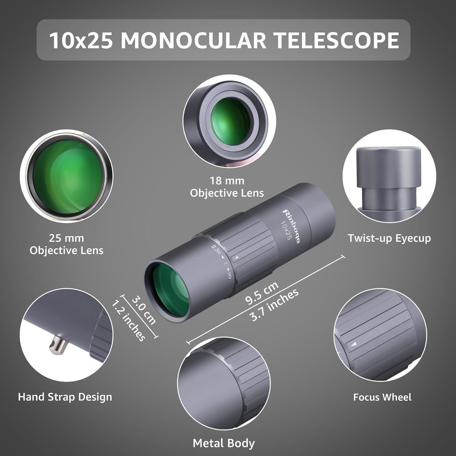 Monocular Compacto Rinboqe 10x25 HD Impermeable 163g
