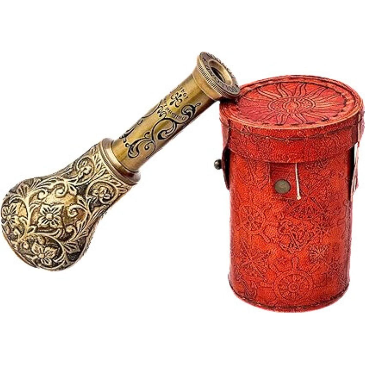 Telescopio de Mano Antiguo de Latón y Cuero 15.24 cm