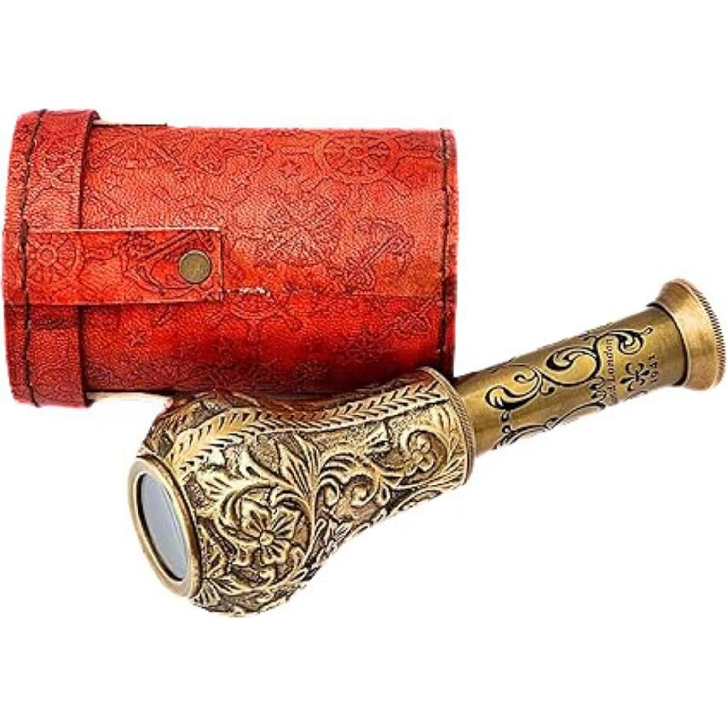 Telescopio de Mano Antiguo de Latón y Cuero 15.24 cm