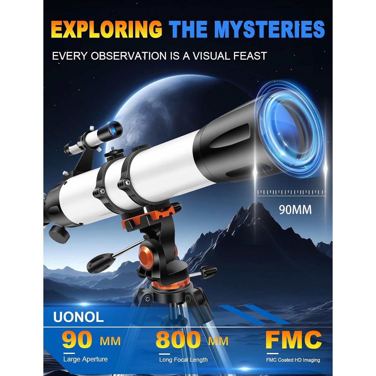Telescopio Refractor Uonol 90mm 800mm con Adaptador para Teléfono