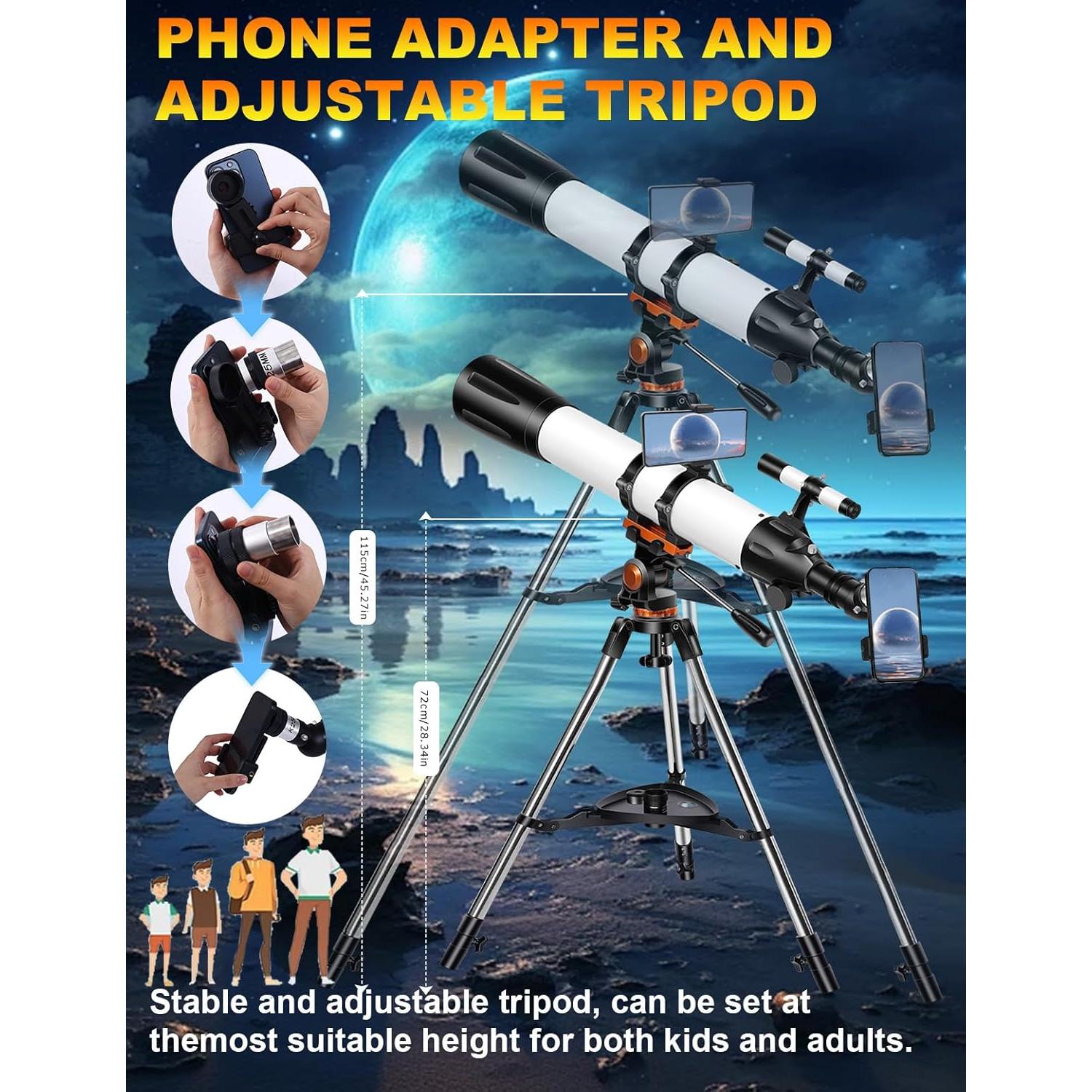 Telescopio Refractor Uonol 90mm 800mm con Adaptador para Teléfono