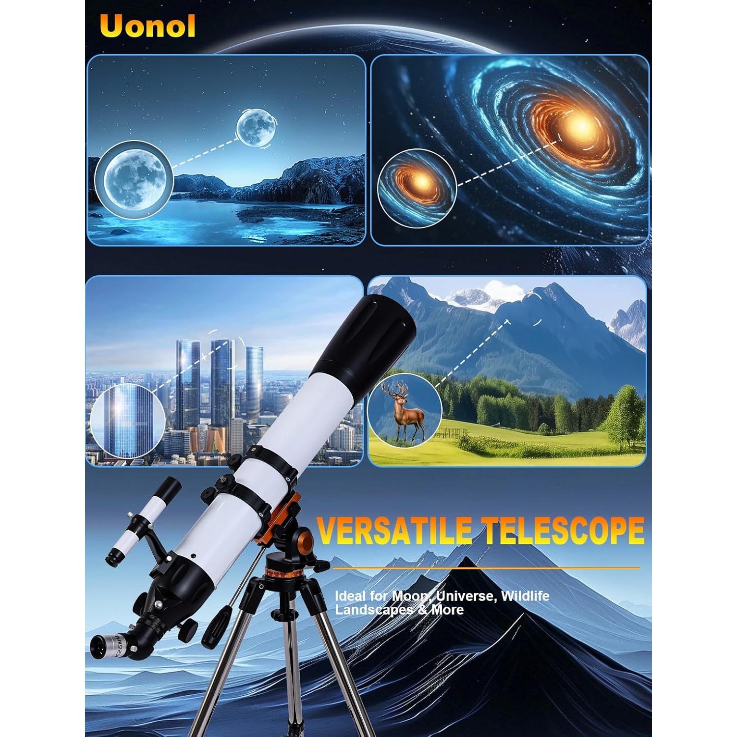 Telescopio Refractor Uonol 90mm 800mm con Adaptador para Teléfono