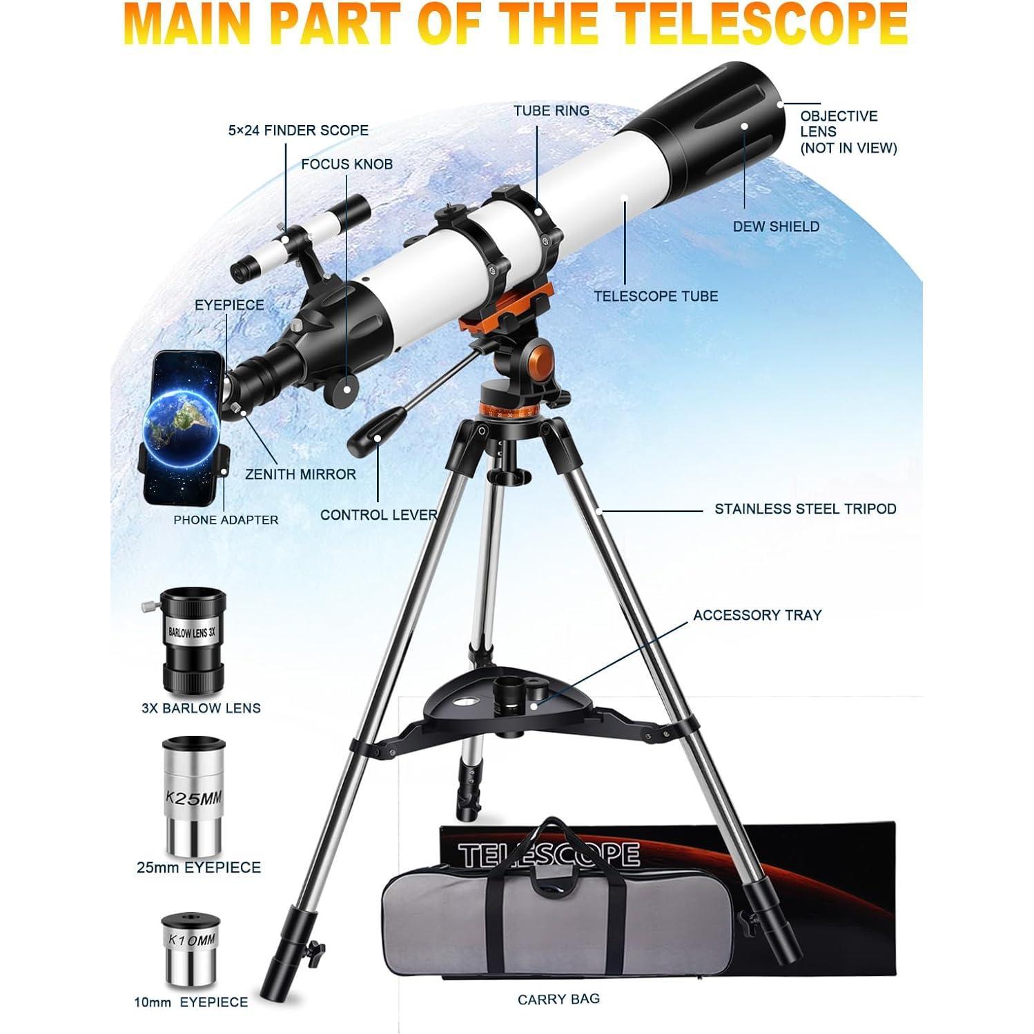 Telescopio Refractor Uonol 90mm 800mm con Adaptador para Teléfono