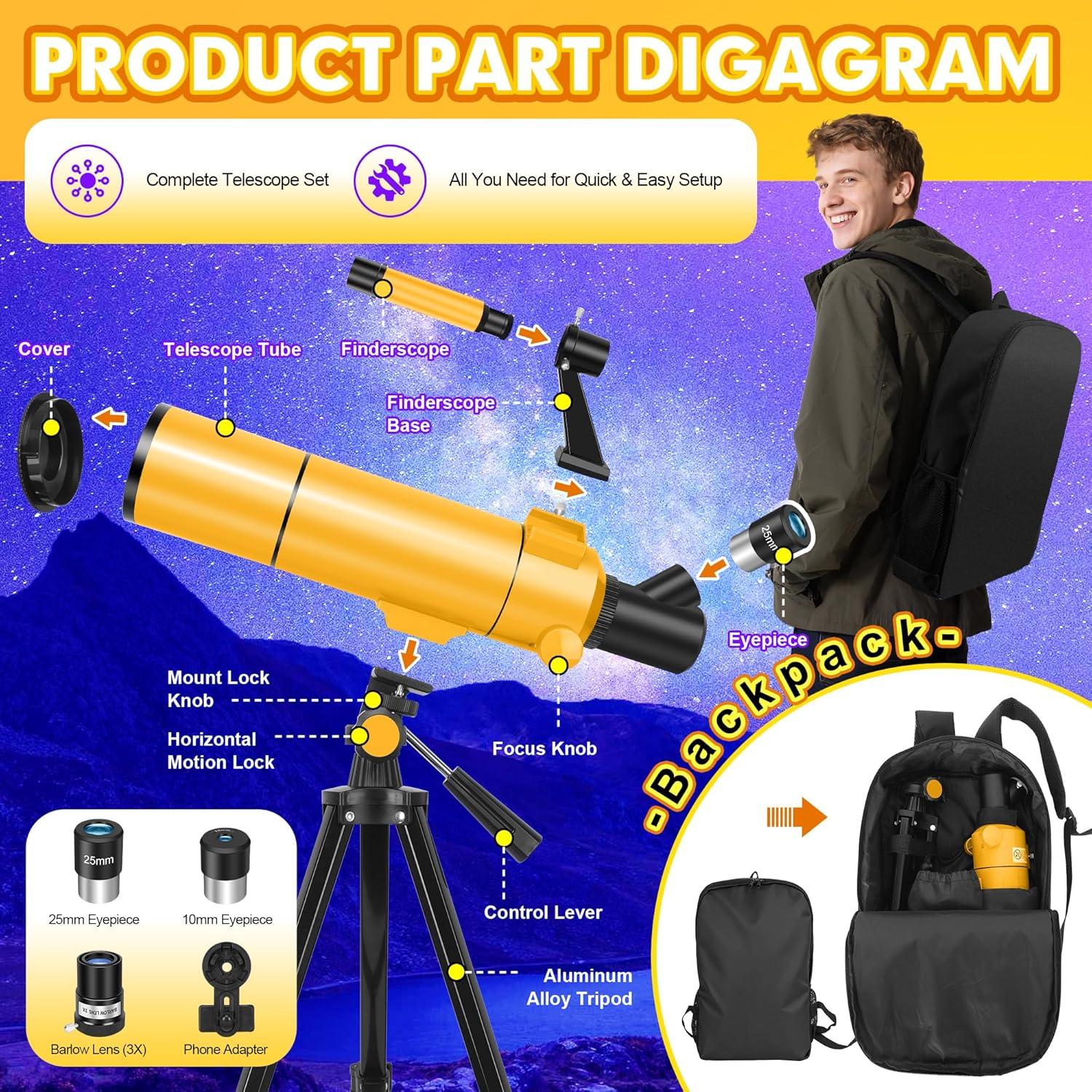 Telescopio Refractor MEEZAA 80mm 500mm para Principiantes