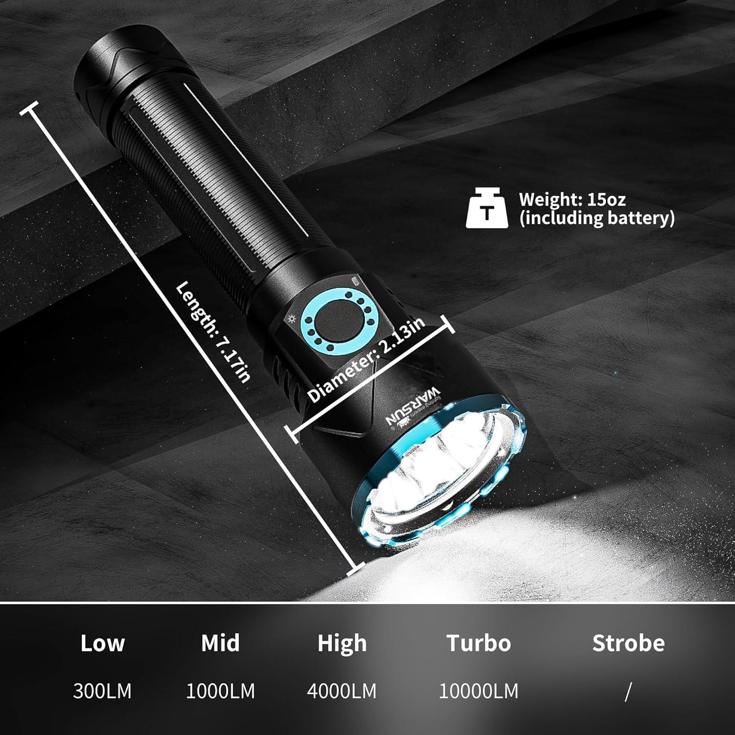 Linterna LED WARSUN W10000 - 10000 Lúmenes, Recargable, Aluminio