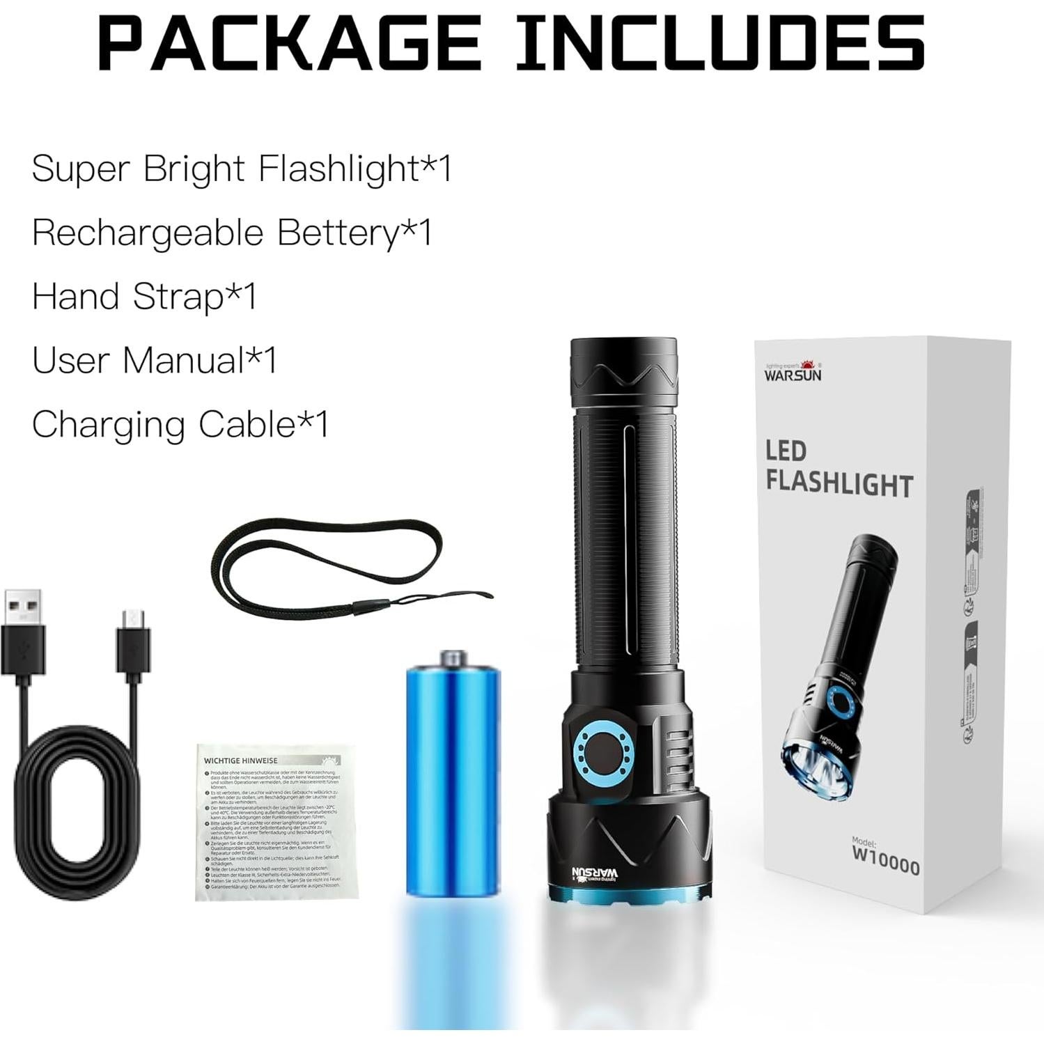 Linterna LED WARSUN W10000 - 10000 Lúmenes, Recargable, Aluminio