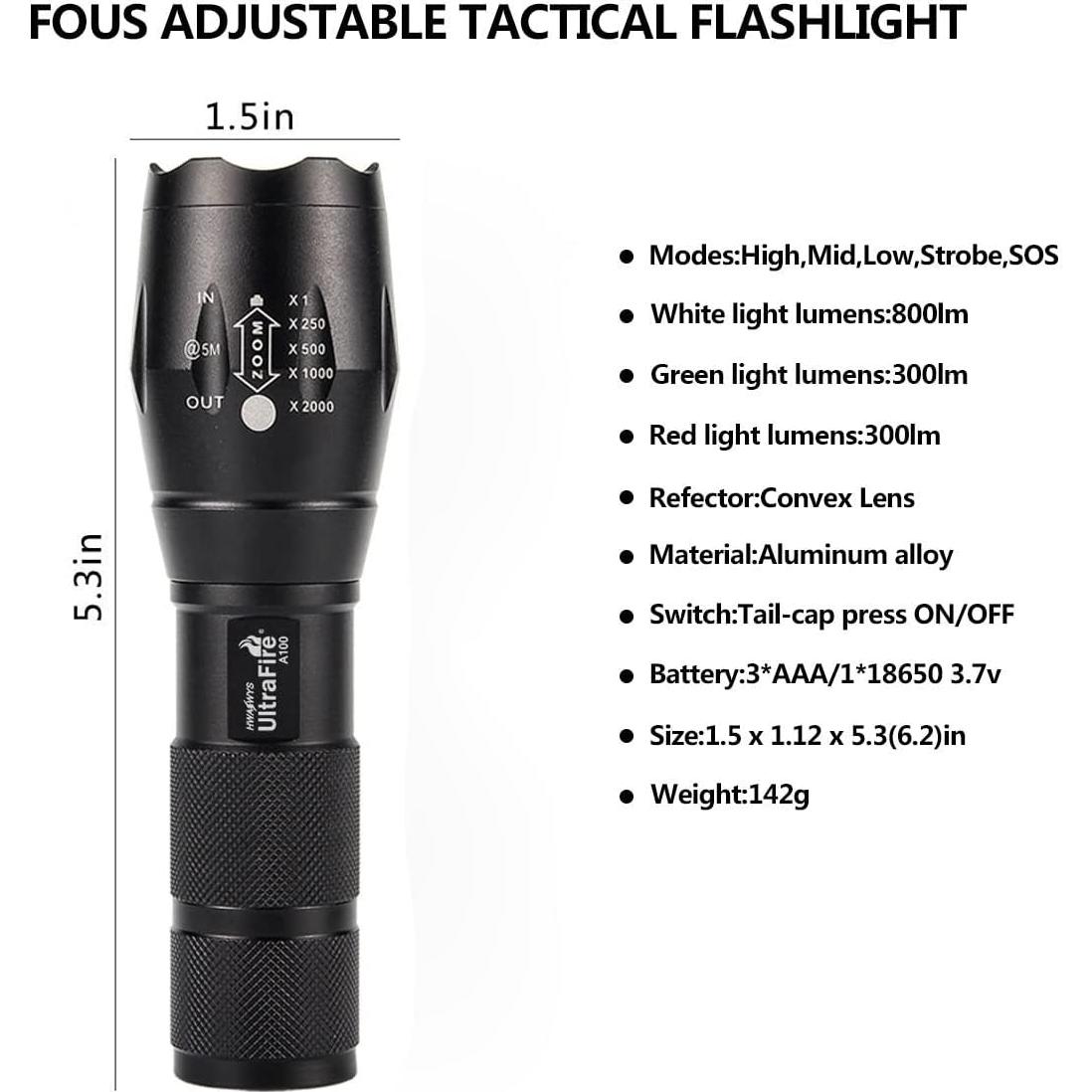 Linterna Táctica UltraFire A100 - 800 Lúmenes, 5 Modos, Zoomable