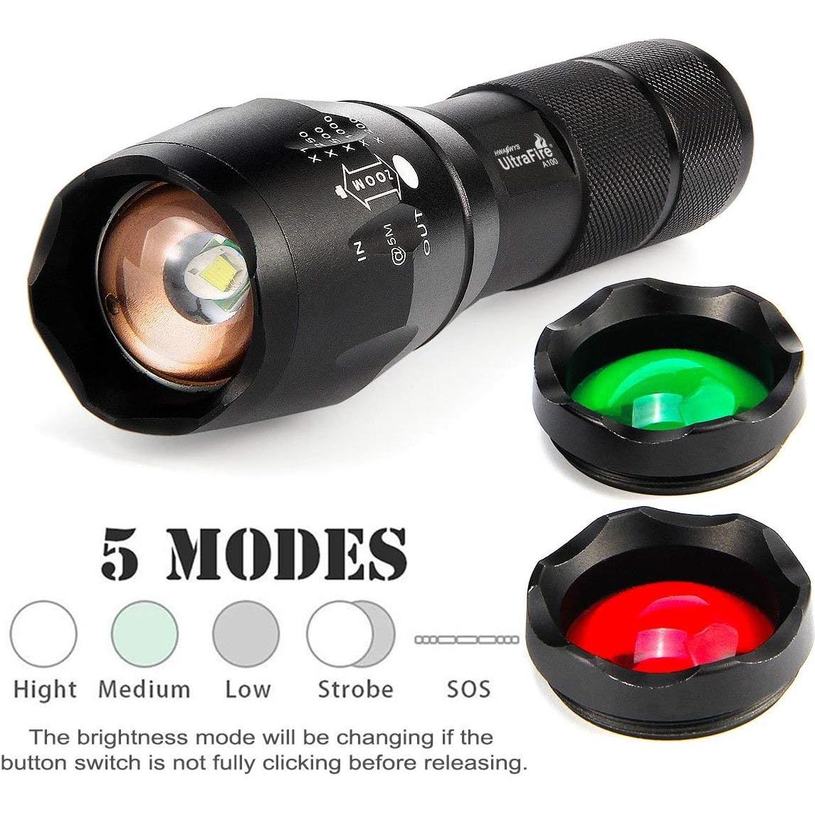 Linterna Táctica UltraFire A100 - 800 Lúmenes, 5 Modos, Zoomable