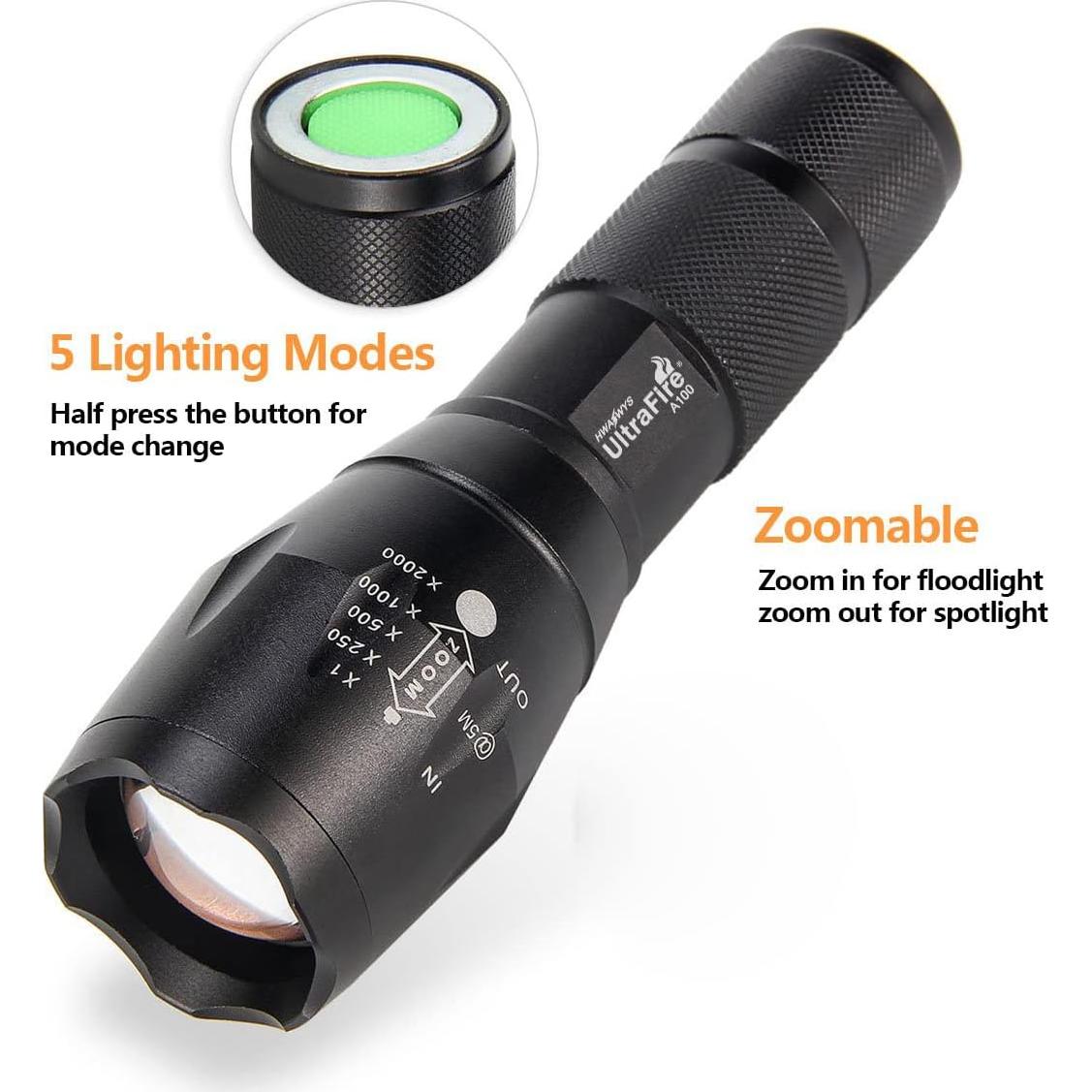 Linterna Táctica UltraFire A100 - 800 Lúmenes, 5 Modos, Zoomable