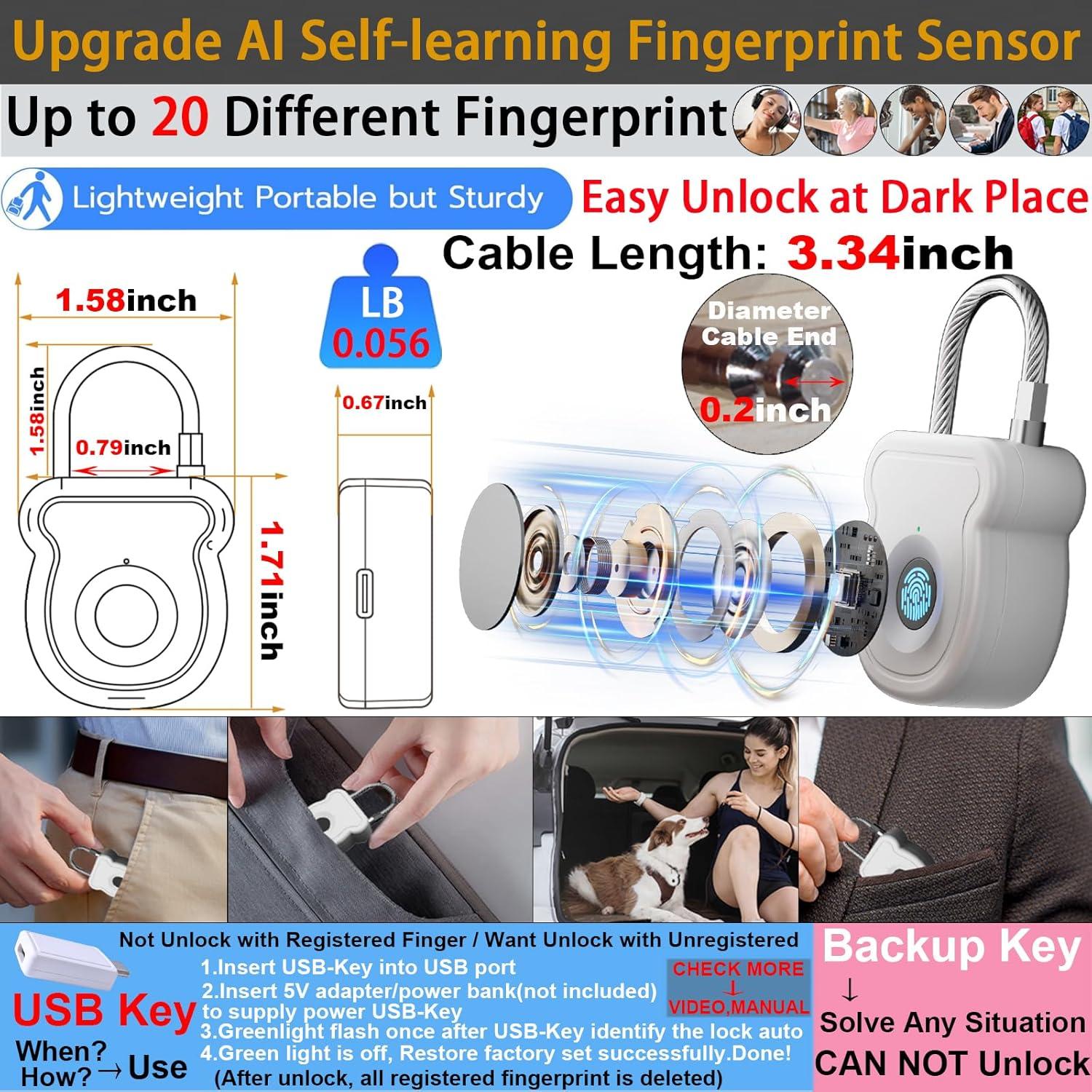 Candado Biométrico Bstsilver de Huella Dactilar 20 Usuarios USB