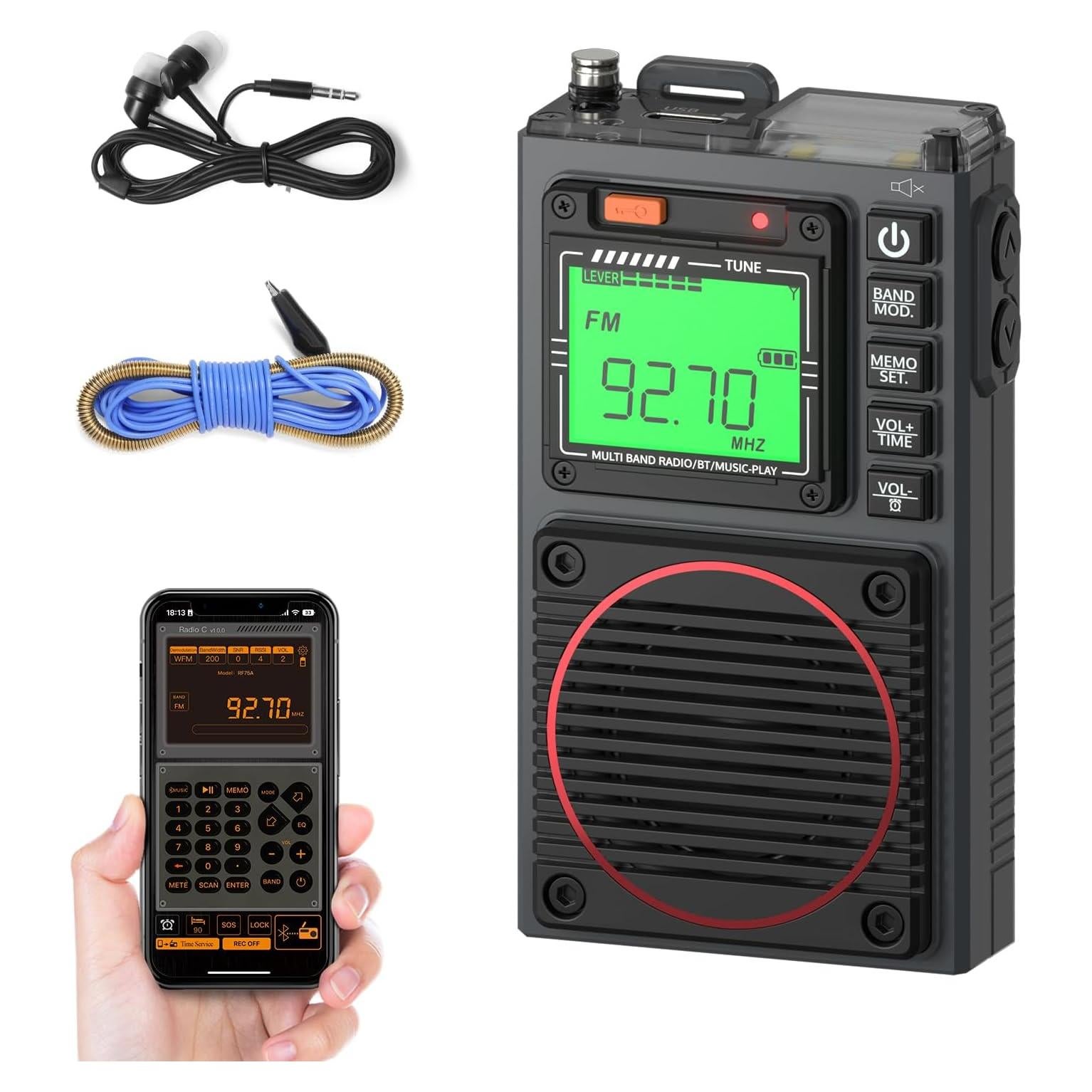 Radio Portátil Raddy RF75A AM/FM/VHF/SW con Control APP