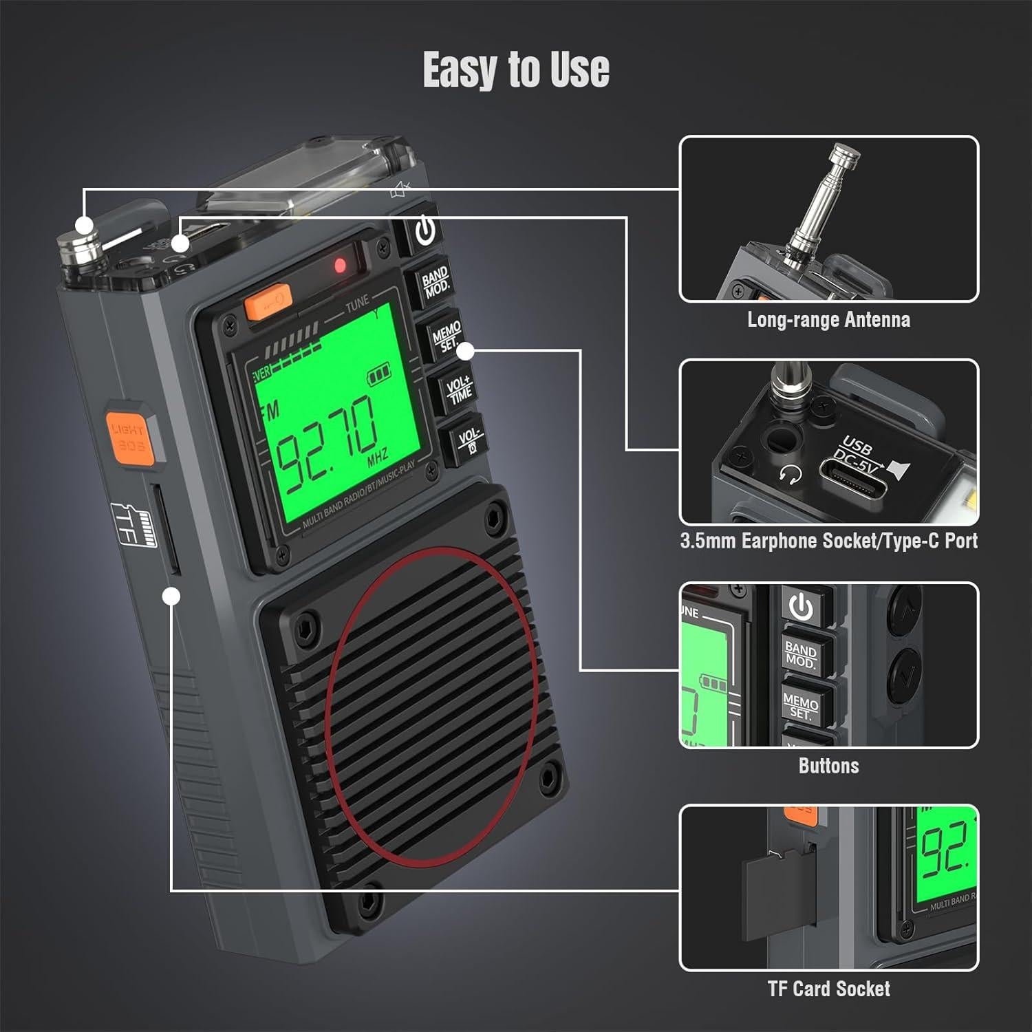 Radio Portátil Raddy RF75A AM/FM/VHF/SW con Control APP