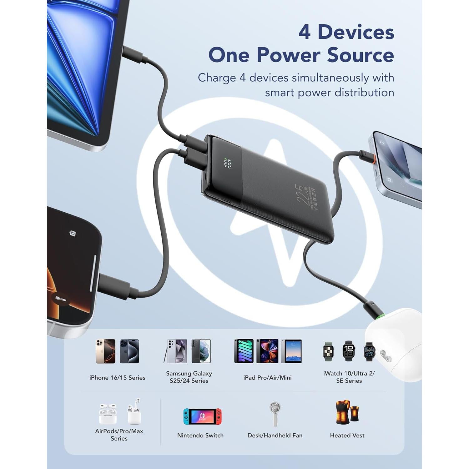 Cargador Portátil VEGER 10000mAh Carga Rápida 22.5W USB-C