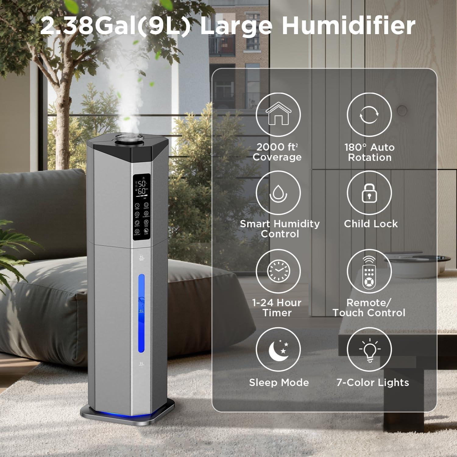 Humidificador GloryAir 9L Doble Atomizador para Habitaciones Grandes