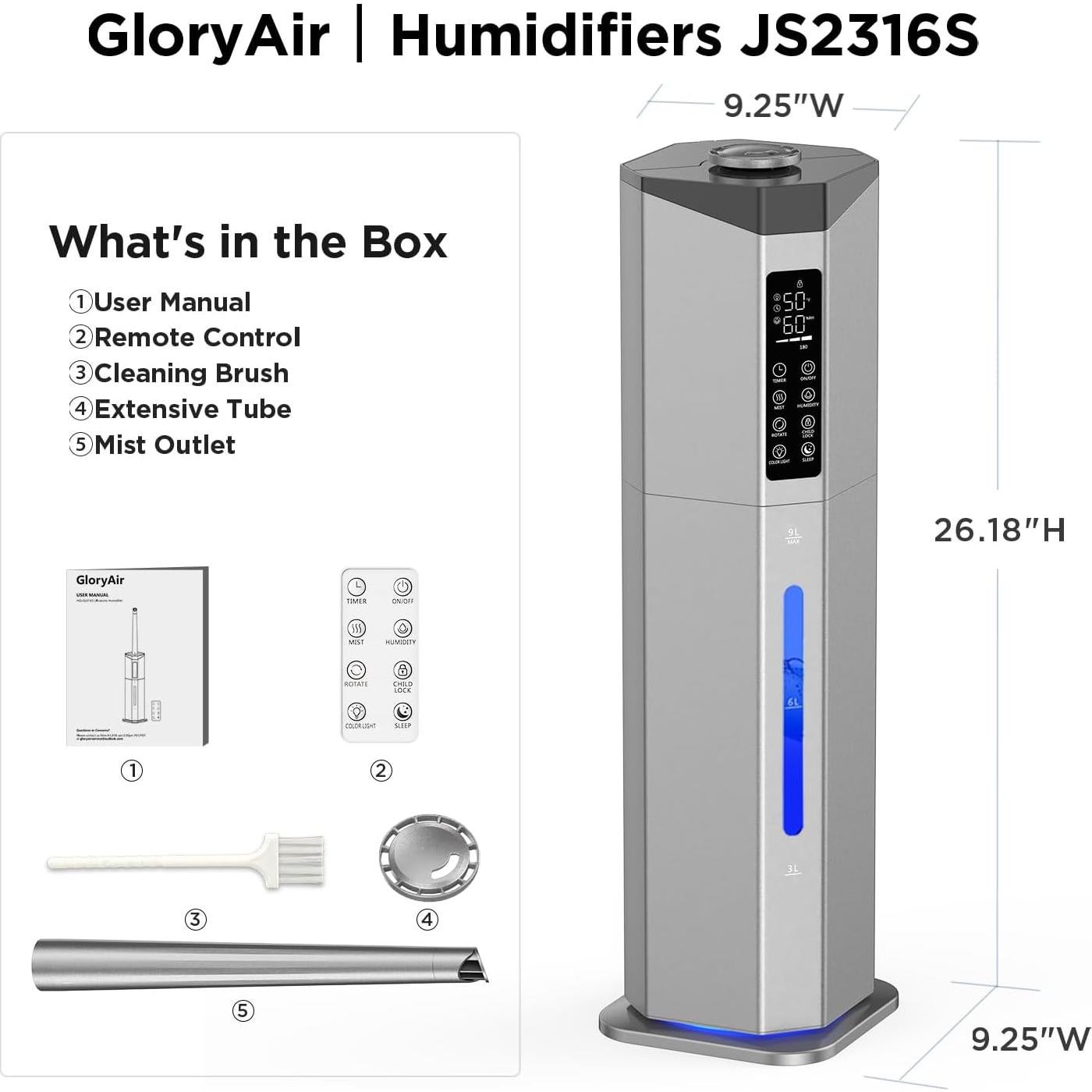 Humidificador GloryAir 9L Doble Atomizador para Habitaciones Grandes