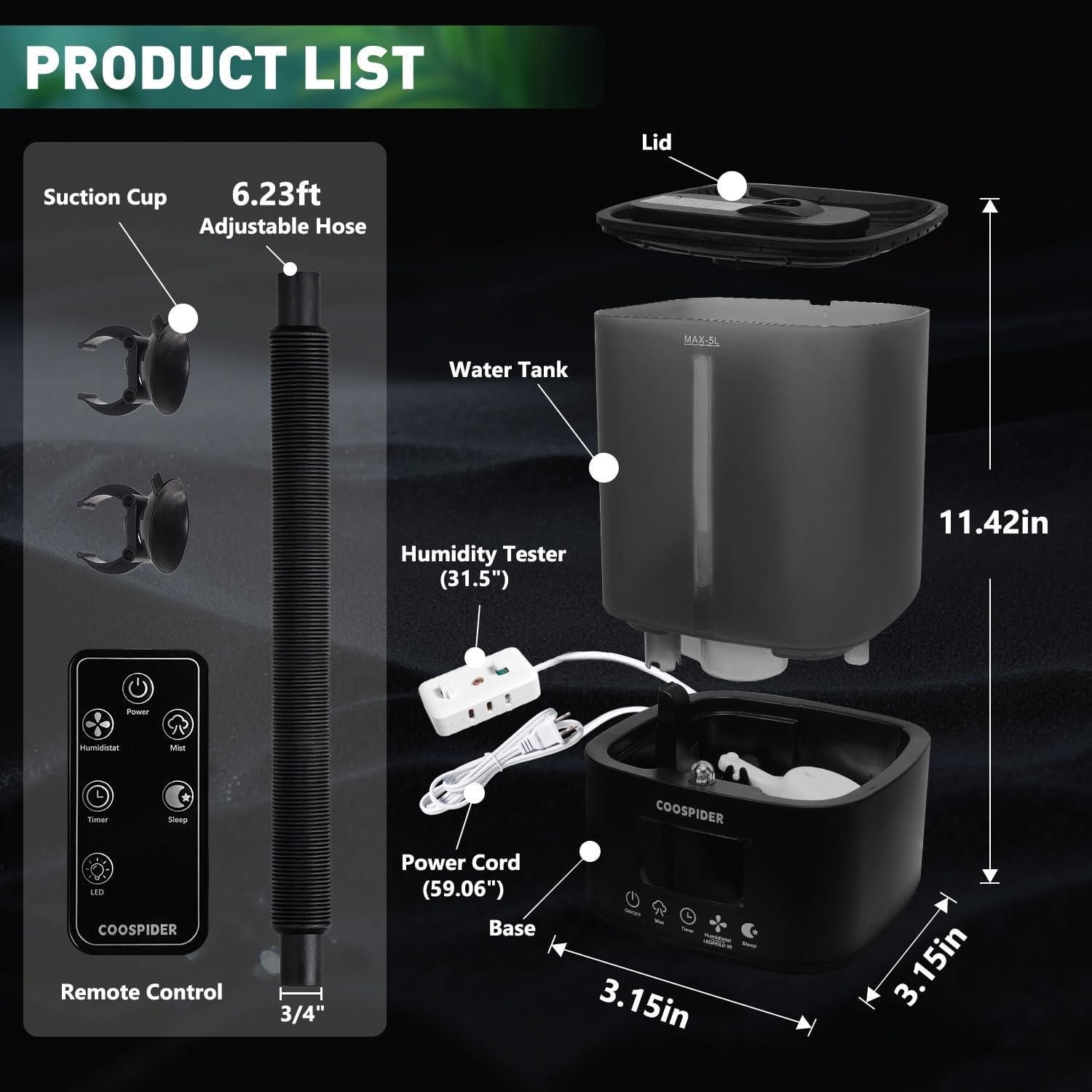 Humidificador Coospider 5L Ultrasonido Control Remoto Negro