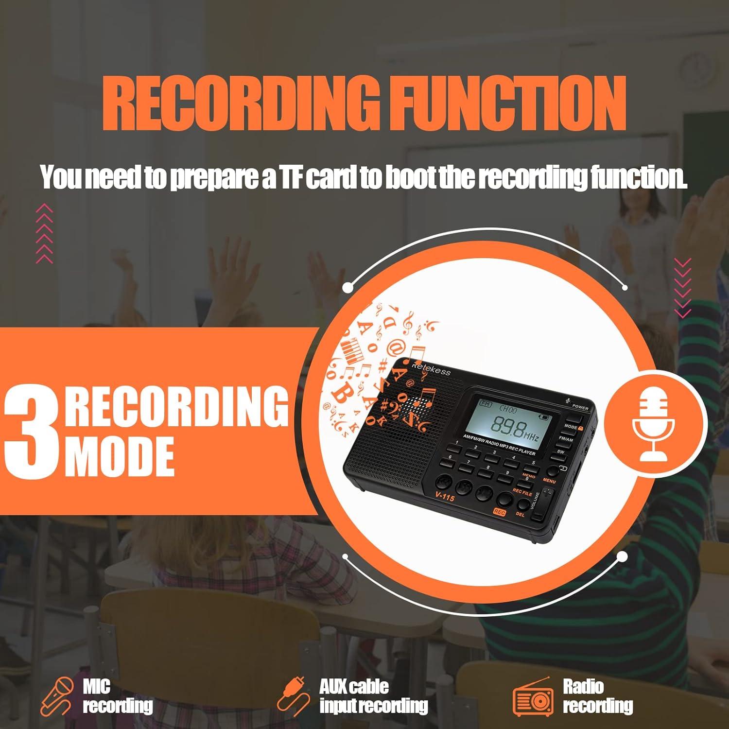 Radio Digital Portátil Retekess V115 AM FM con Grabación