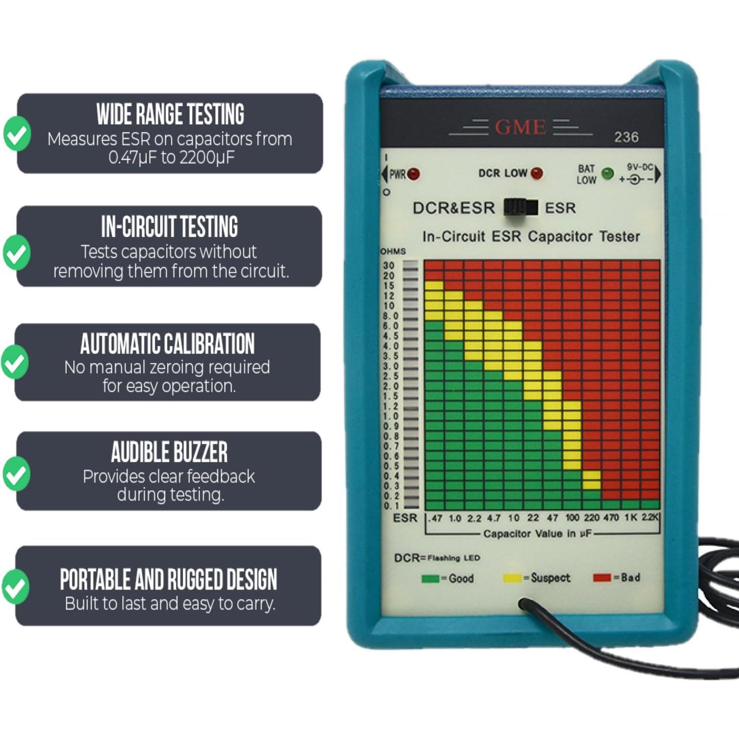 Probador de Capacitores ESR GME 236 Profesional en Circuito