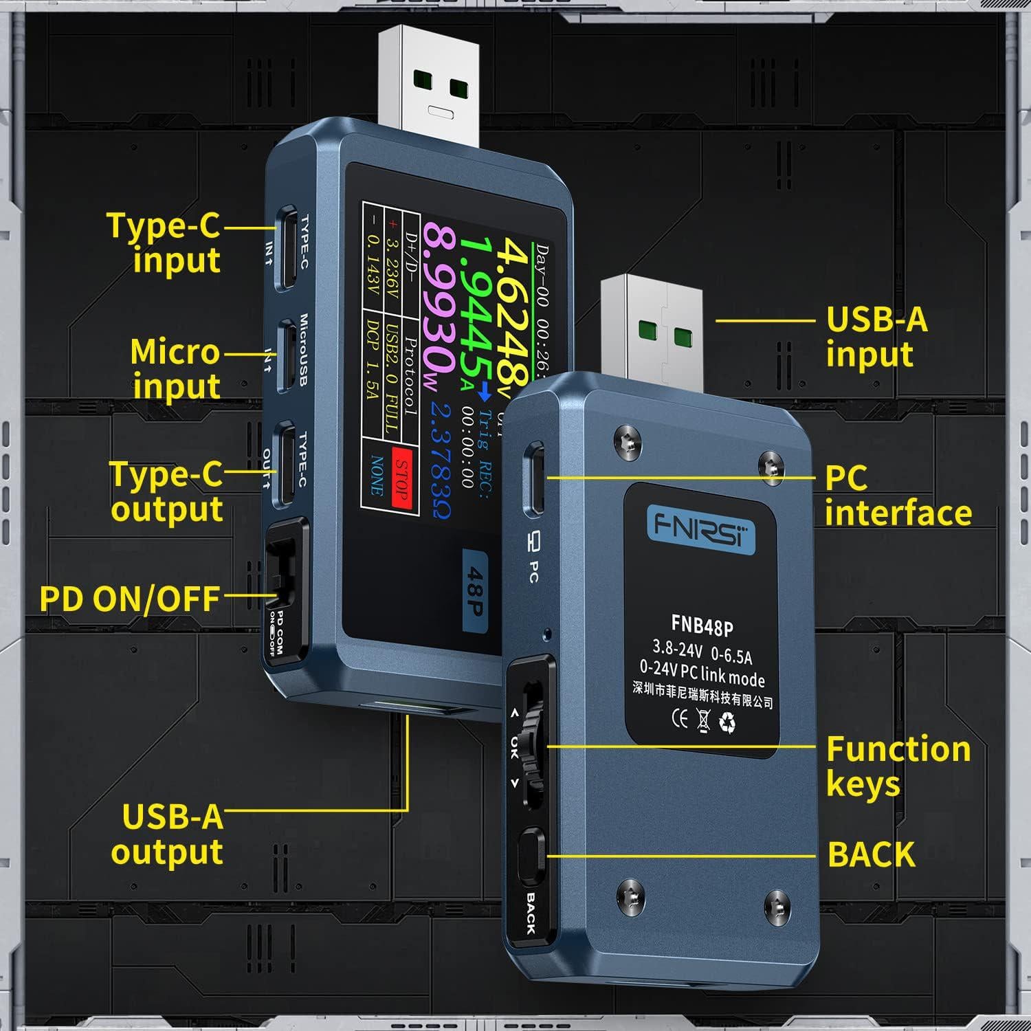 Probador USB FNIRSI FNB48P 4-24V 6.5A Pantalla LCD Color