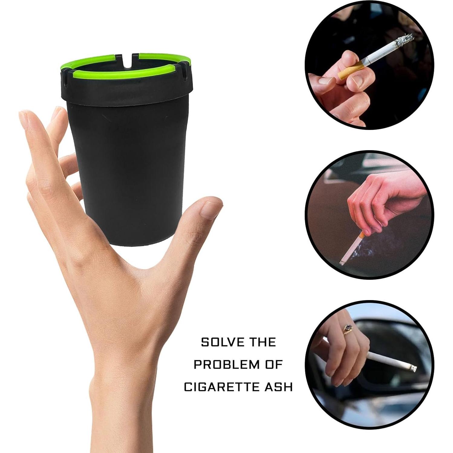 Cenicero de coche QKYS con tapa, a prueba de olores, negro