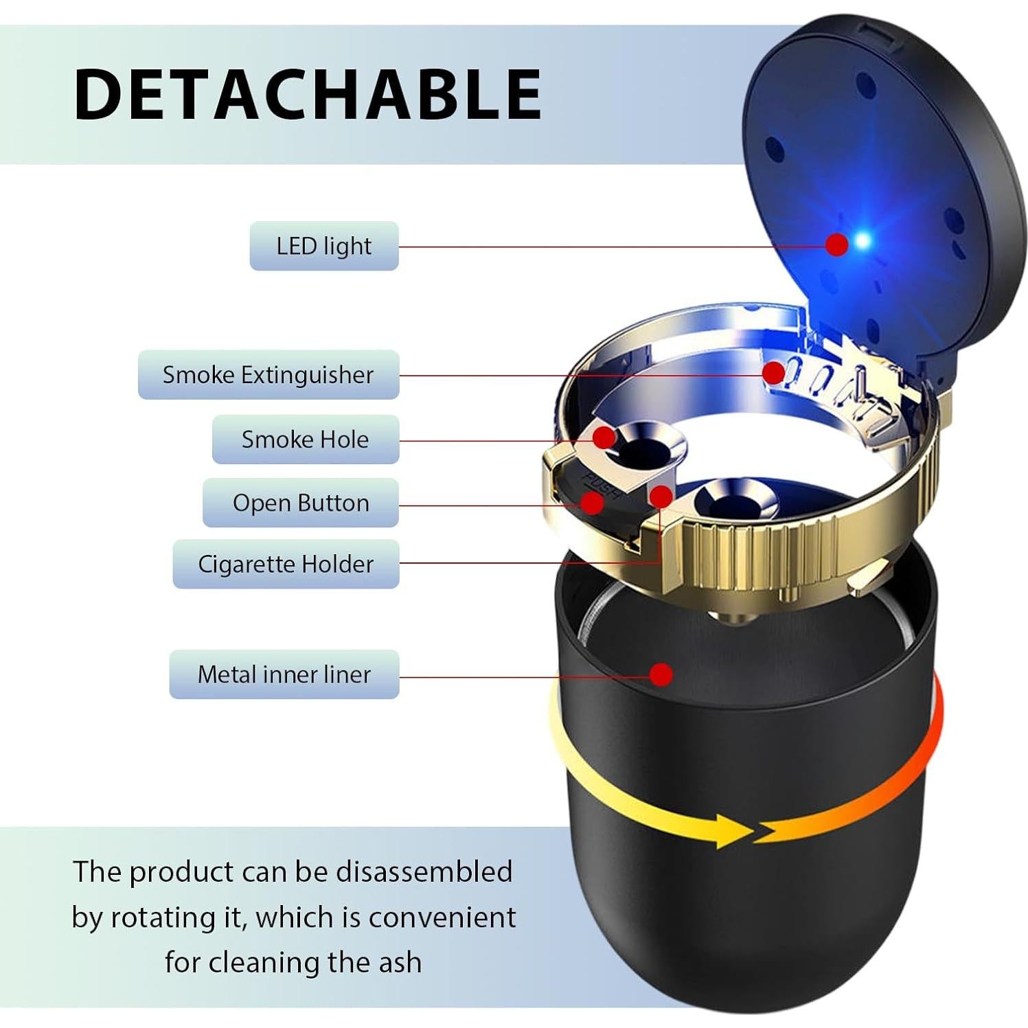 Cenicero de coche FSTURIOS con tapa y luz LED azul