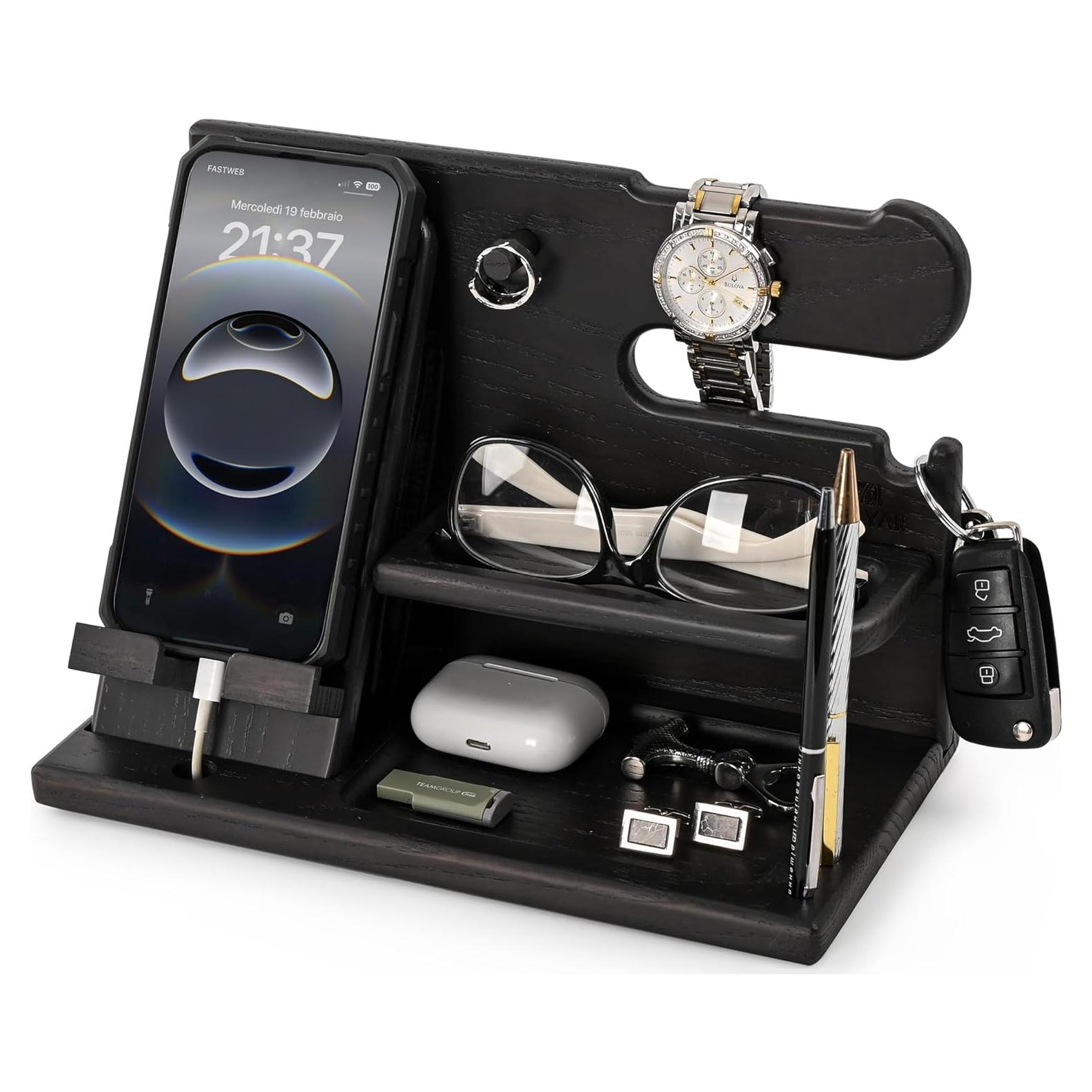 Estación de Docking de Madera Teslyar - Organizador Negro 26.5x15cm