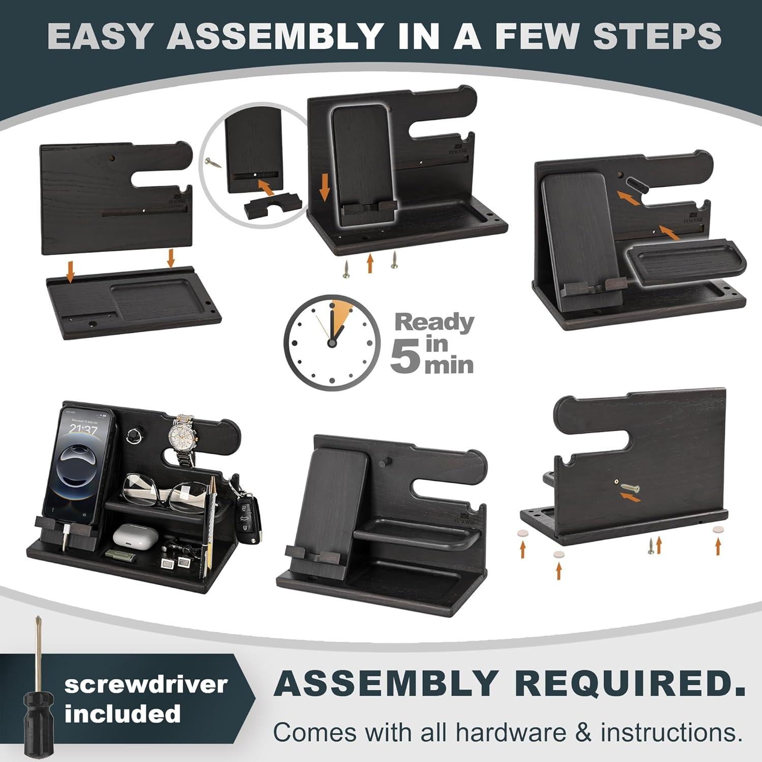 Estación de Docking de Madera Teslyar - Organizador Negro 26.5x15cm